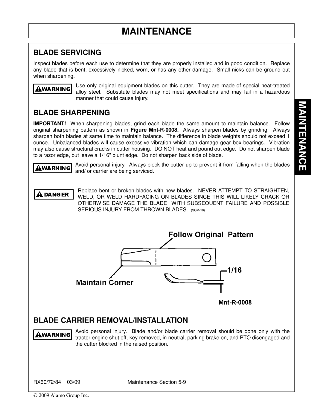 Alamo RX72, RX84, RX60, 00785503C manual Blade Servicing, Blade Sharpening, Blade Carrier REMOVAL/INSTALLATION 