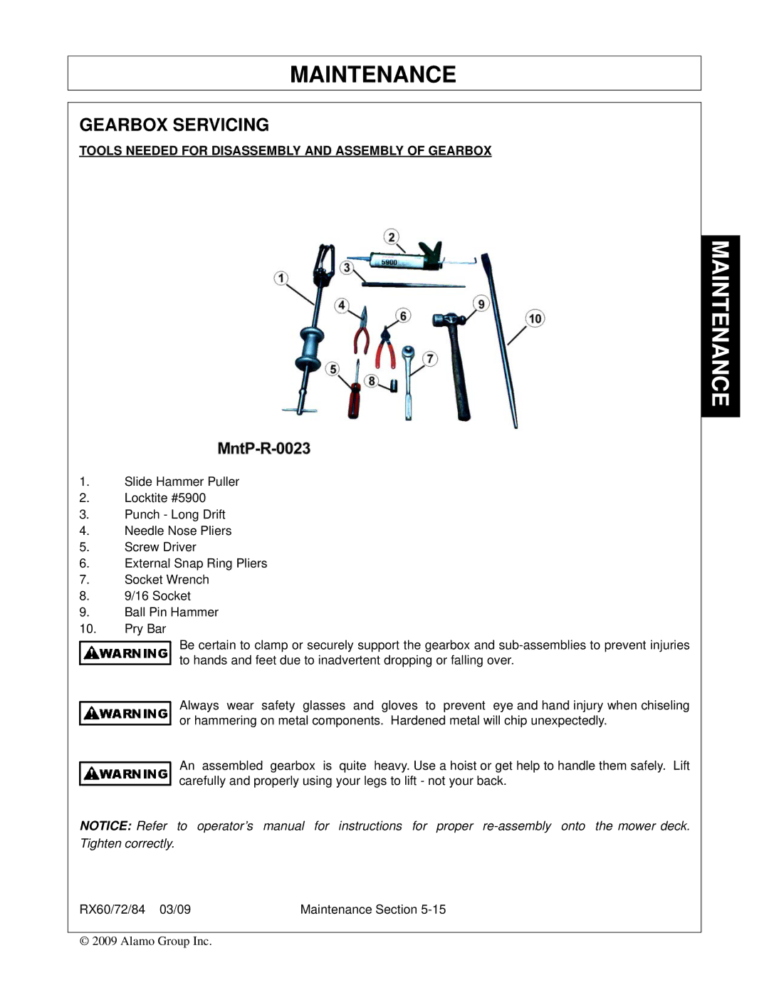 Alamo 00785503C, RX84, RX72, RX60 manual Gearbox Servicing, Tools Needed for Disassembly and Assembly of Gearbox 