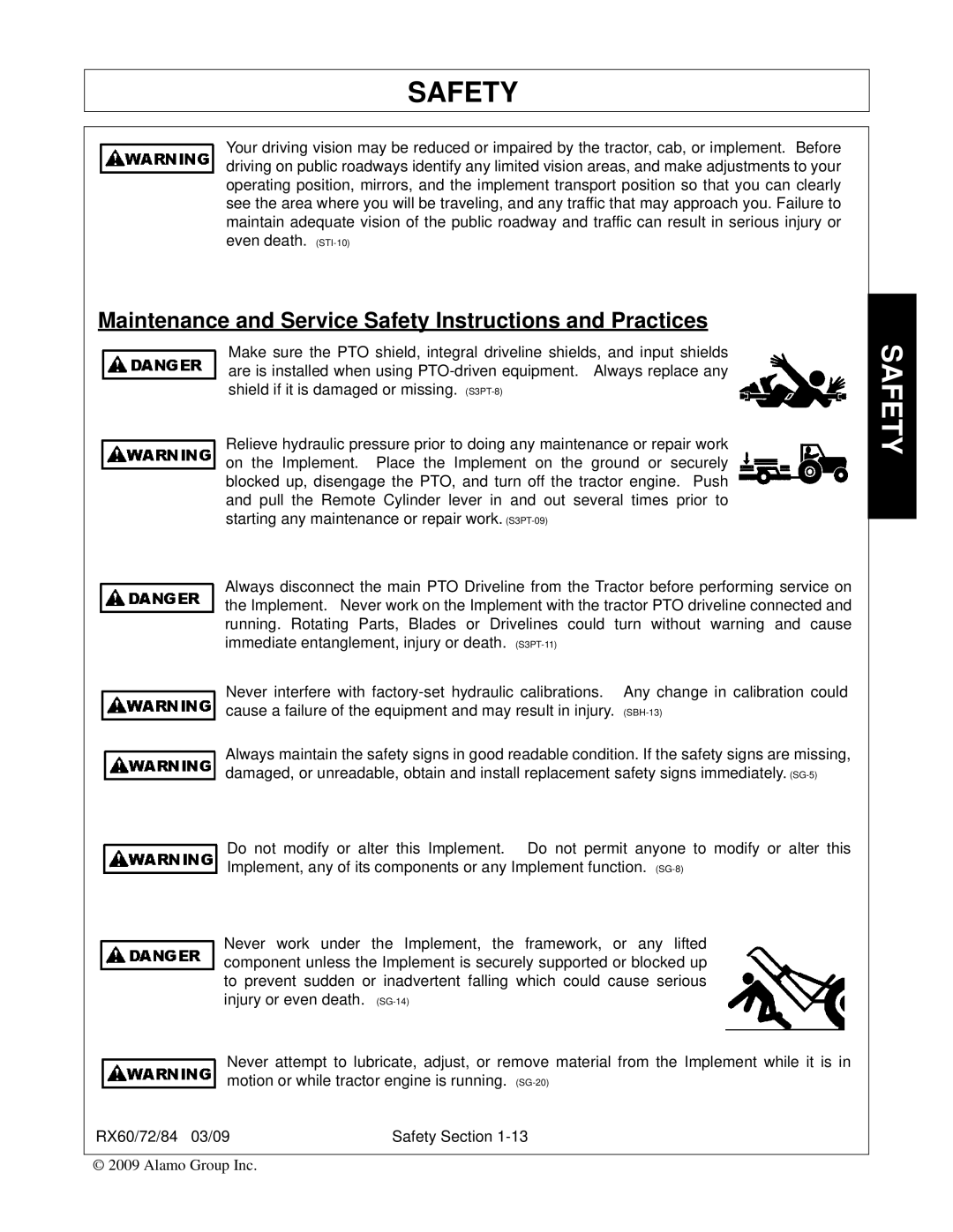 Alamo RX72, RX84, RX60, 00785503C manual Maintenance and Service Safety Instructions and Practices 