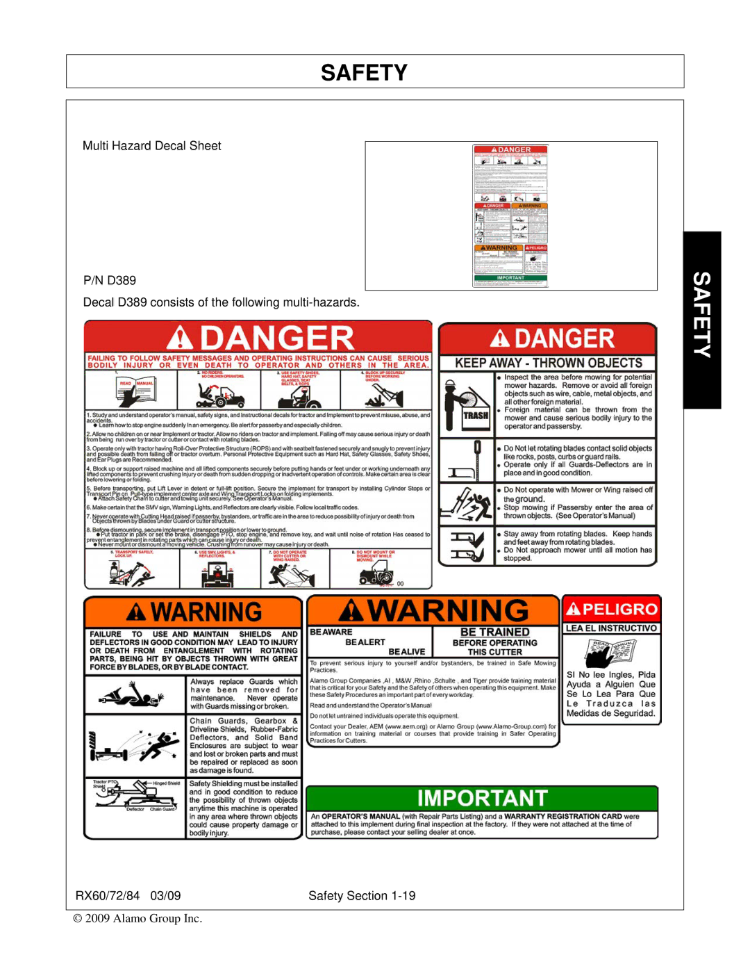 Alamo 00785503C, RX84, RX72, RX60 manual Safety 