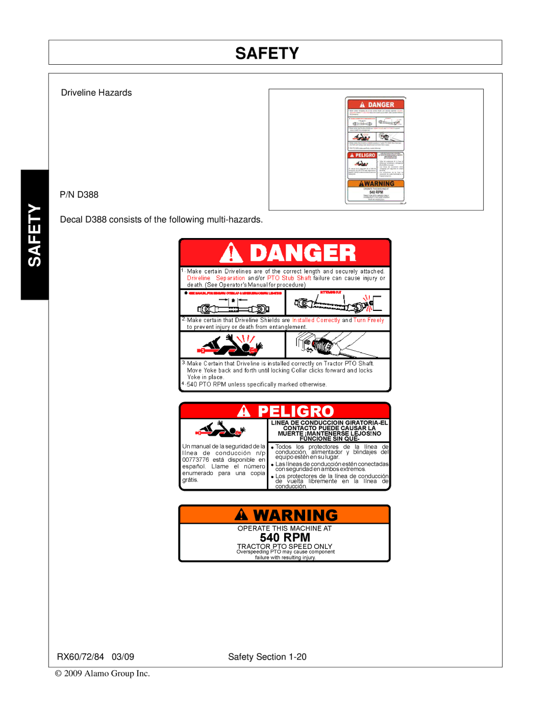 Alamo RX84, RX72, RX60, 00785503C manual Driveline Hazards 