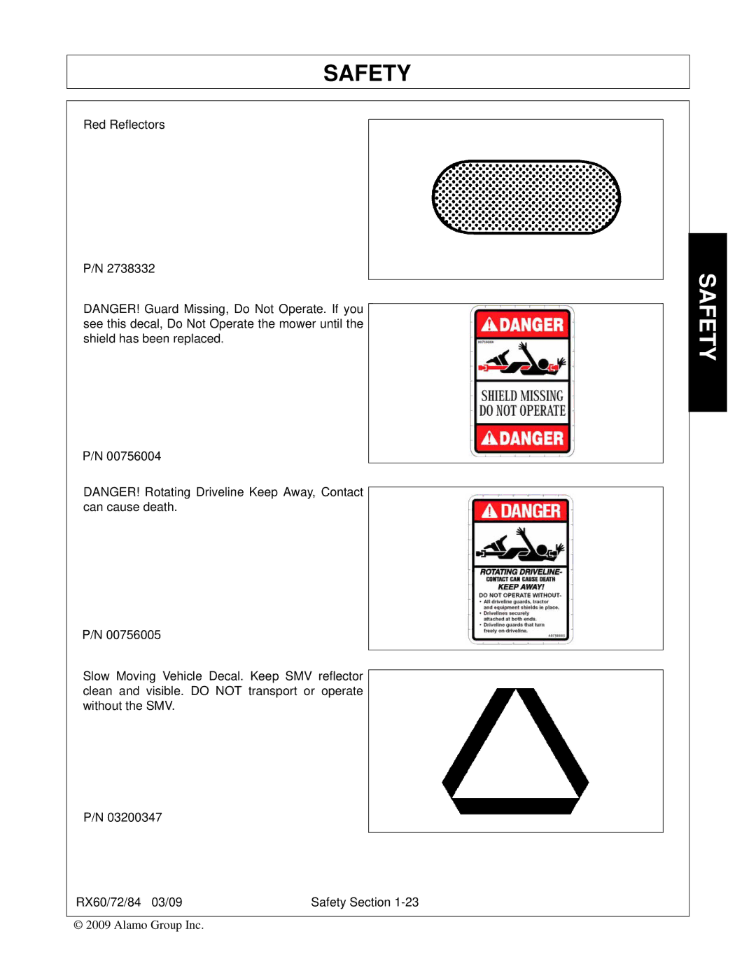 Alamo 00785503C, RX84, RX72, RX60 manual Safety 