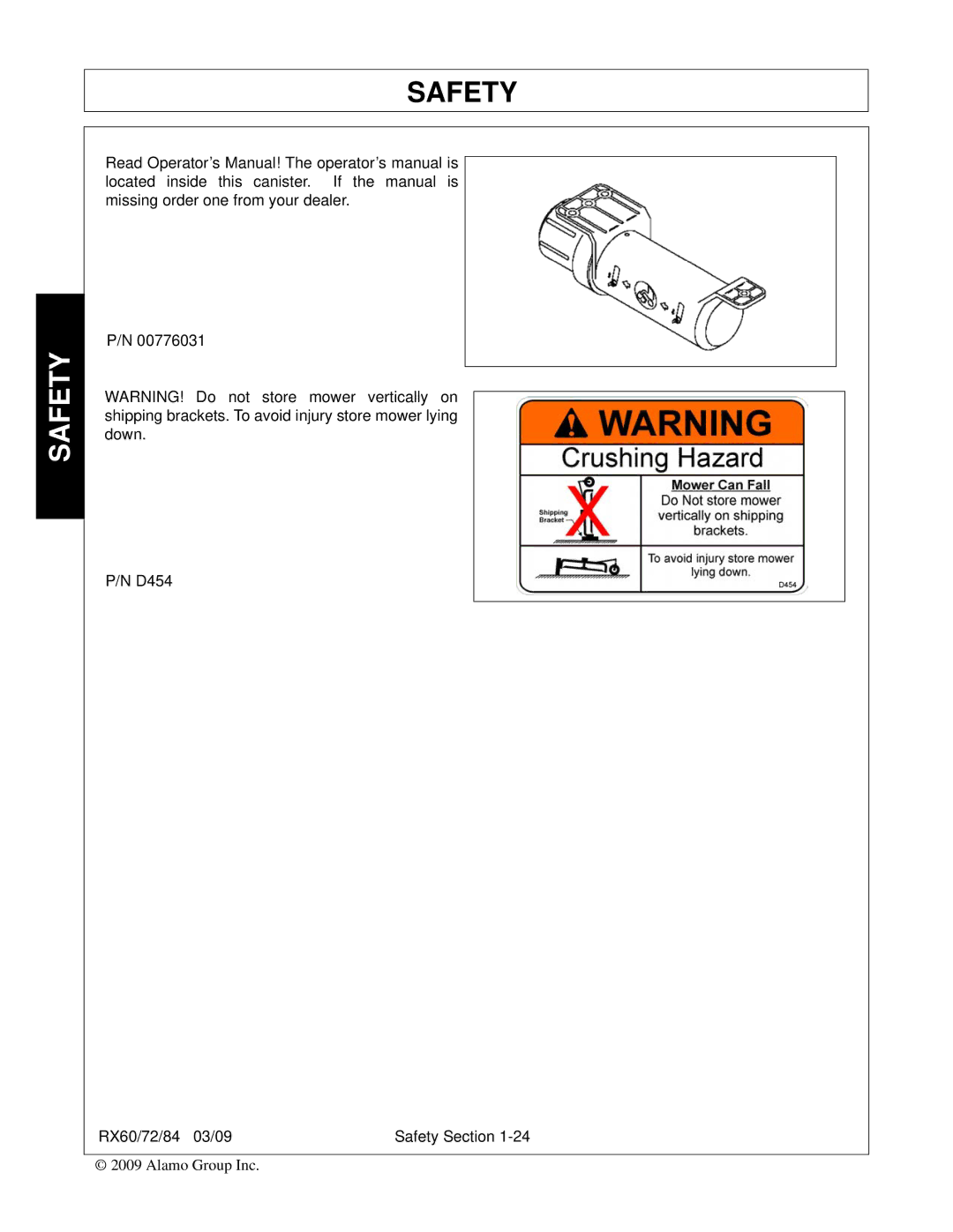 Alamo RX84, RX72, RX60, 00785503C manual Safety 