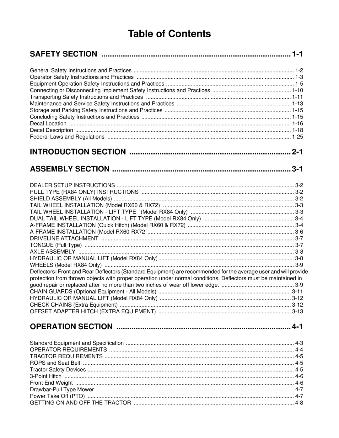 Alamo RX72, RX84, RX60, 00785503C manual Table of Contents 