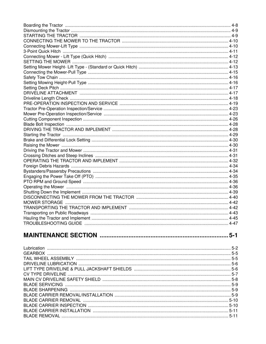 Alamo RX60, RX84, RX72, 00785503C manual Maintenance Section, Setting the Mower 