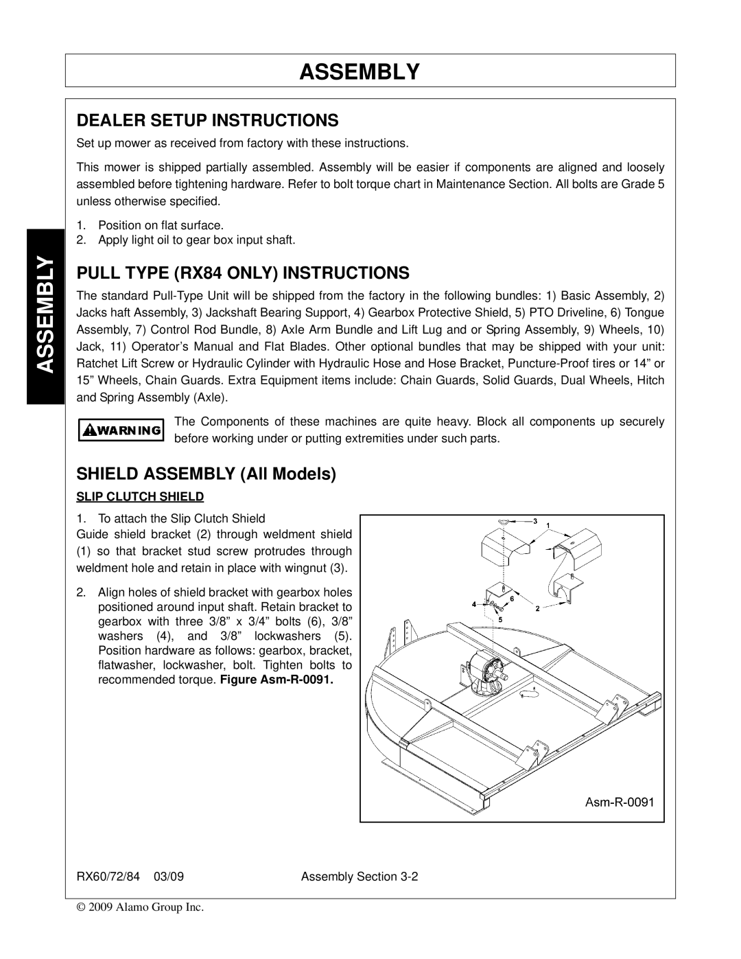 Alamo RX72, RX60, 00785503C manual Dealer Setup Instructions, Pull Type RX84 only Instructions, Shield Assembly All Models 