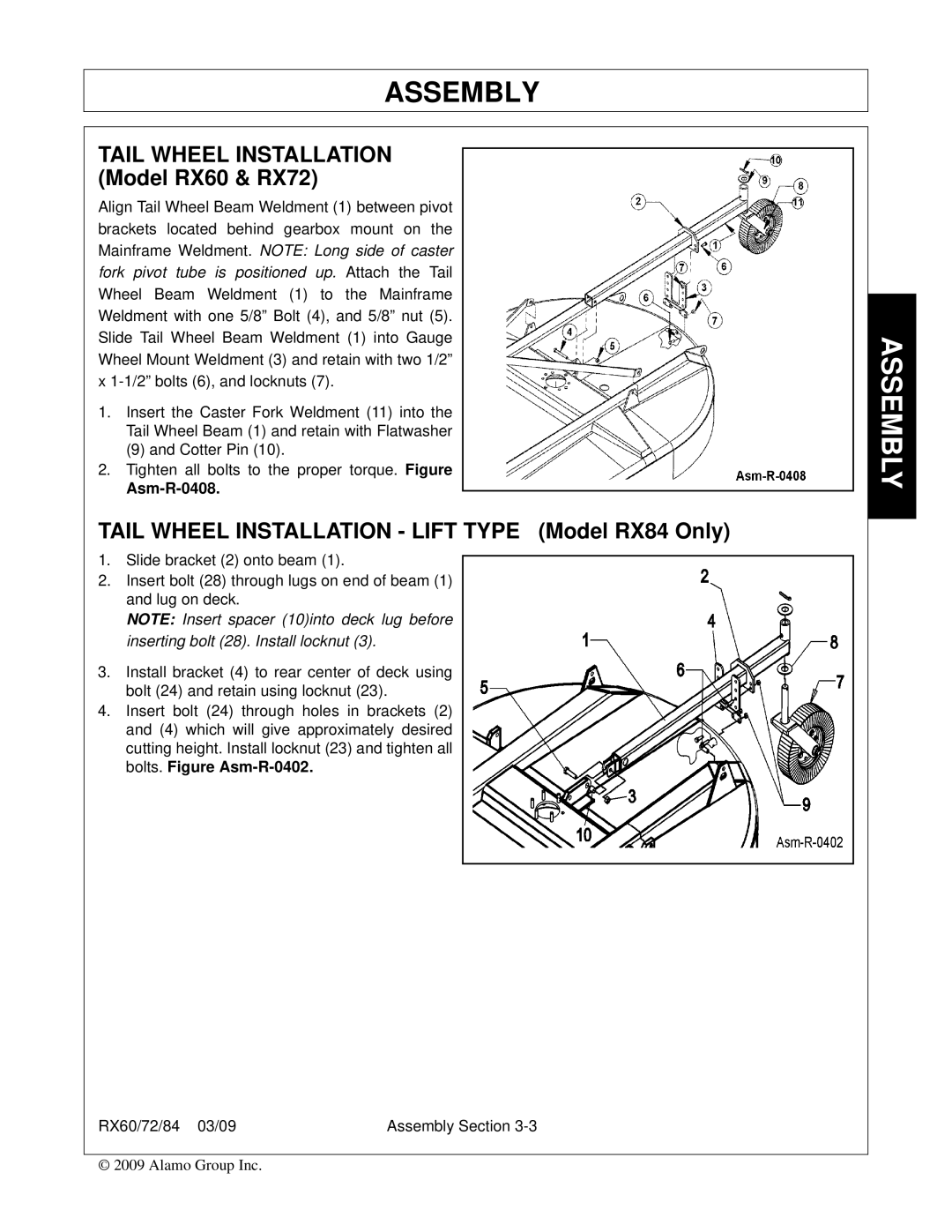 Alamo 00785503C manual Tail Wheel Installation Lift Type Model RX84 Only, Tail Wheel Installation Model RX60 & RX72 