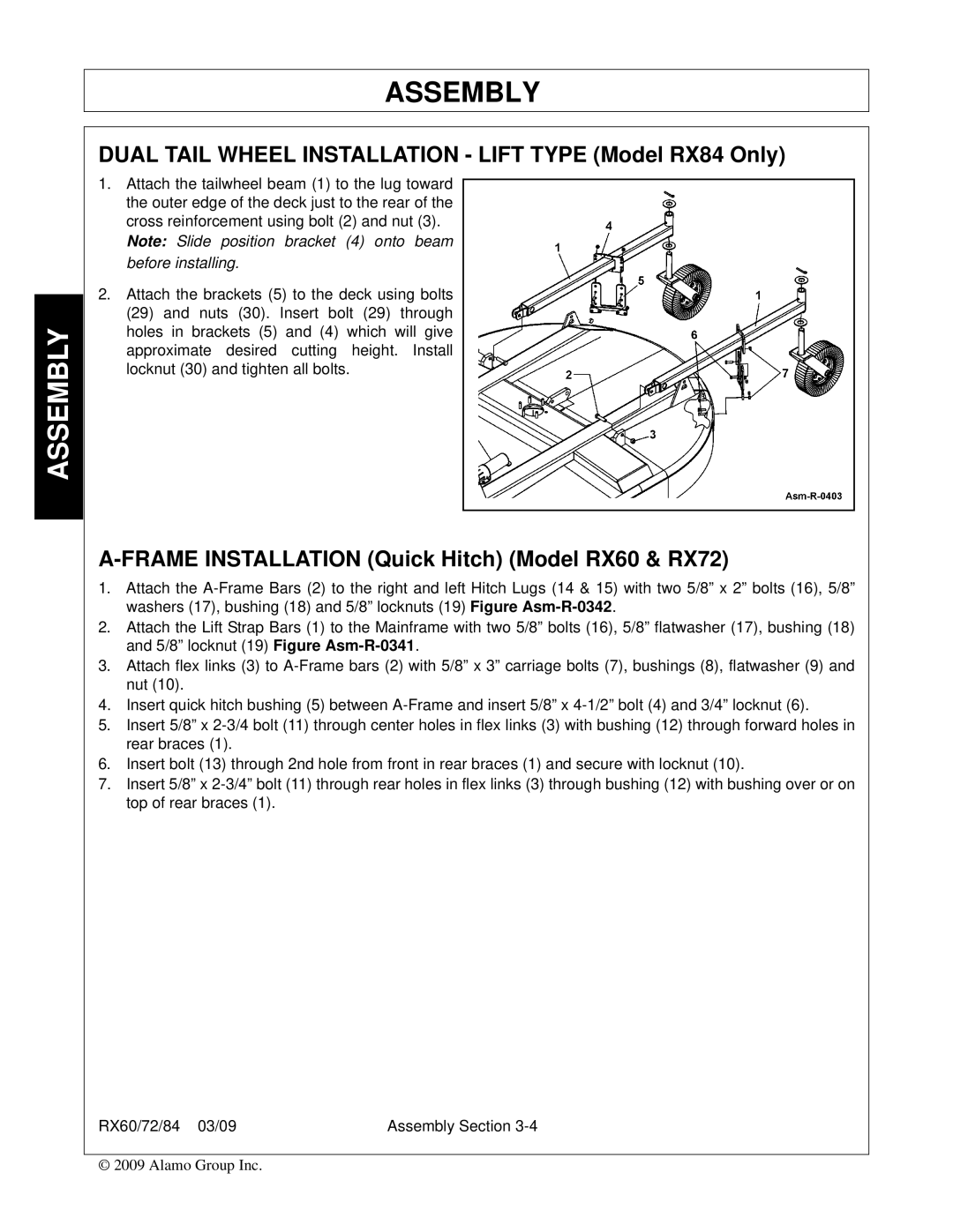 Alamo manual Dual Tail Wheel Installation Lift Type Model RX84 Only, Frame Installation Quick Hitch Model RX60 & RX72 