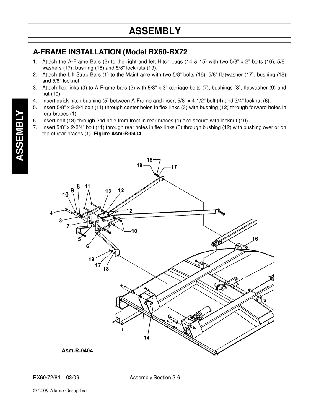 Alamo RX84, 00785503C manual Frame Installation Model RX60-RX72 