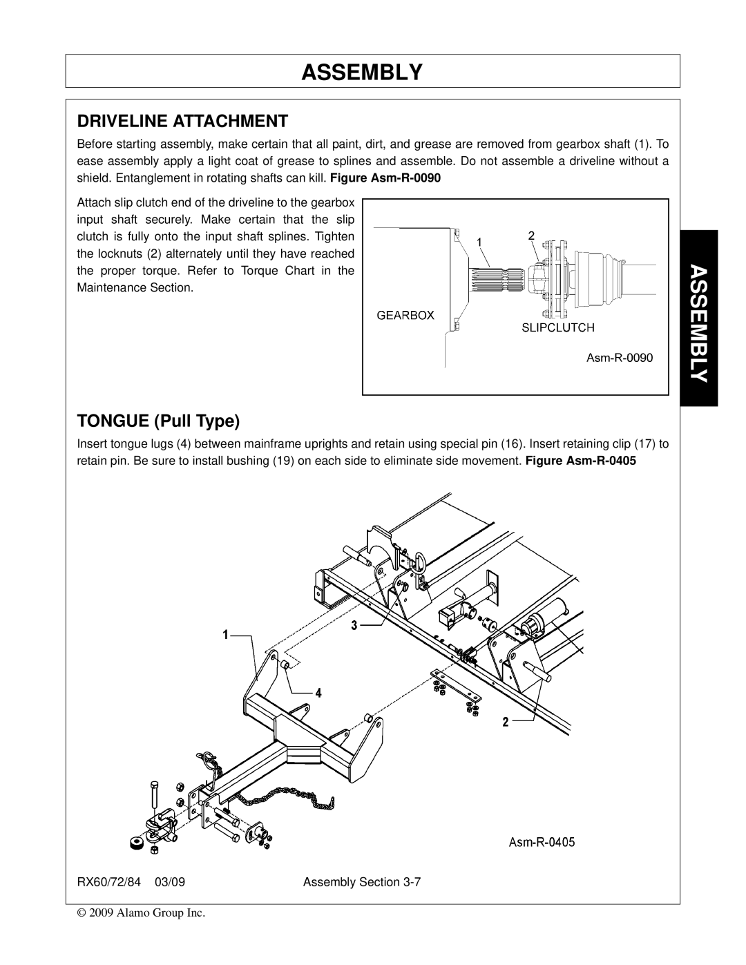 Alamo RX72, RX84, RX60, 00785503C manual Driveline Attachment, Tongue Pull Type 