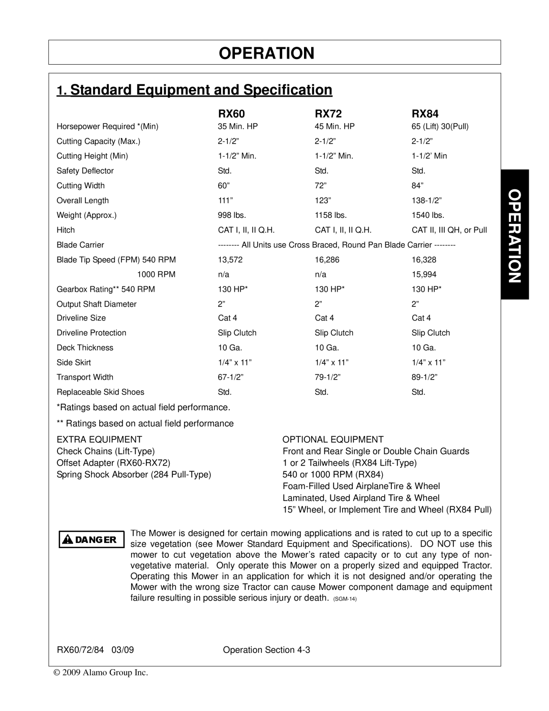 Alamo 00785503C manual Standard Equipment and Specification, RX60 RX72 RX84 