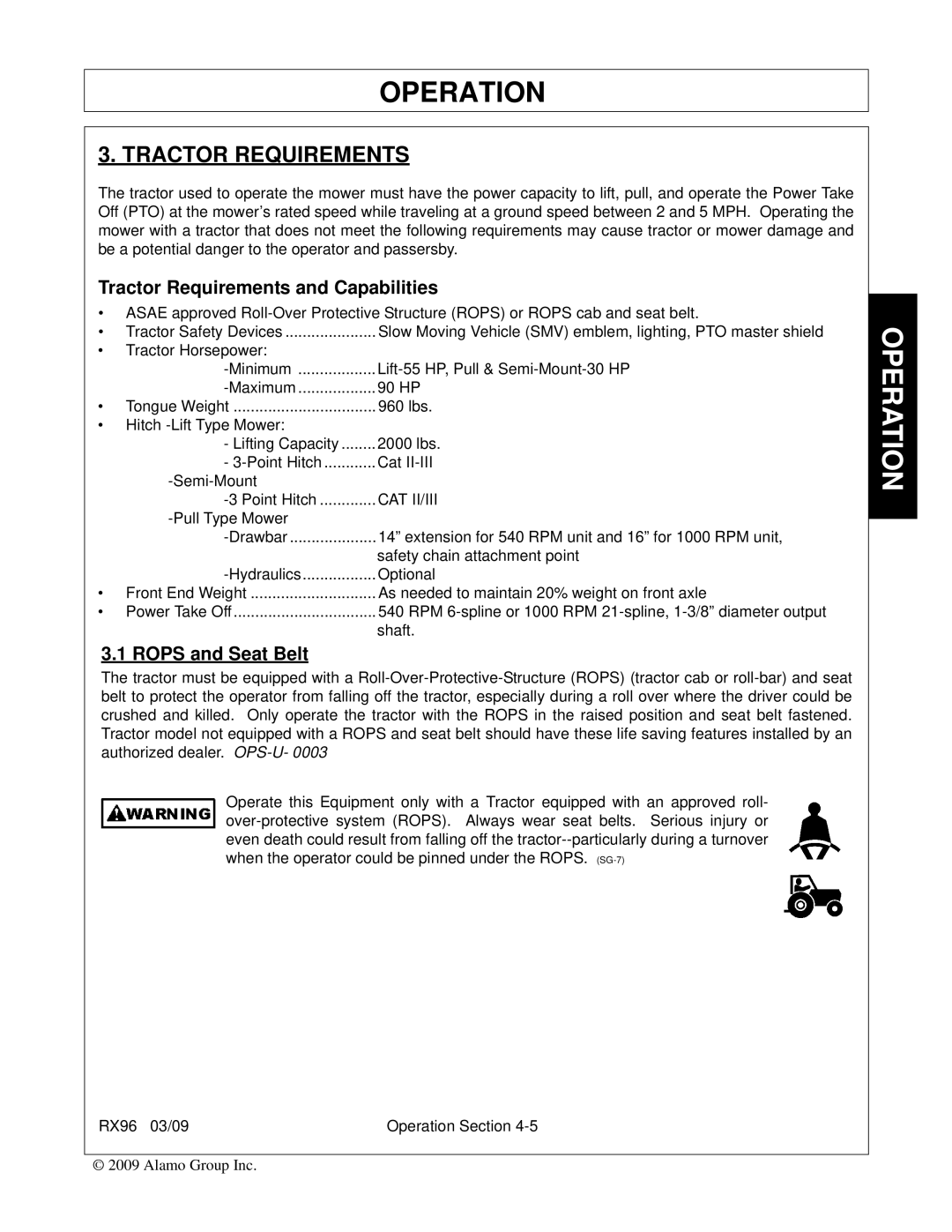 Alamo RX96 manual Tractor Requirements and Capabilities, Rops and Seat Belt 