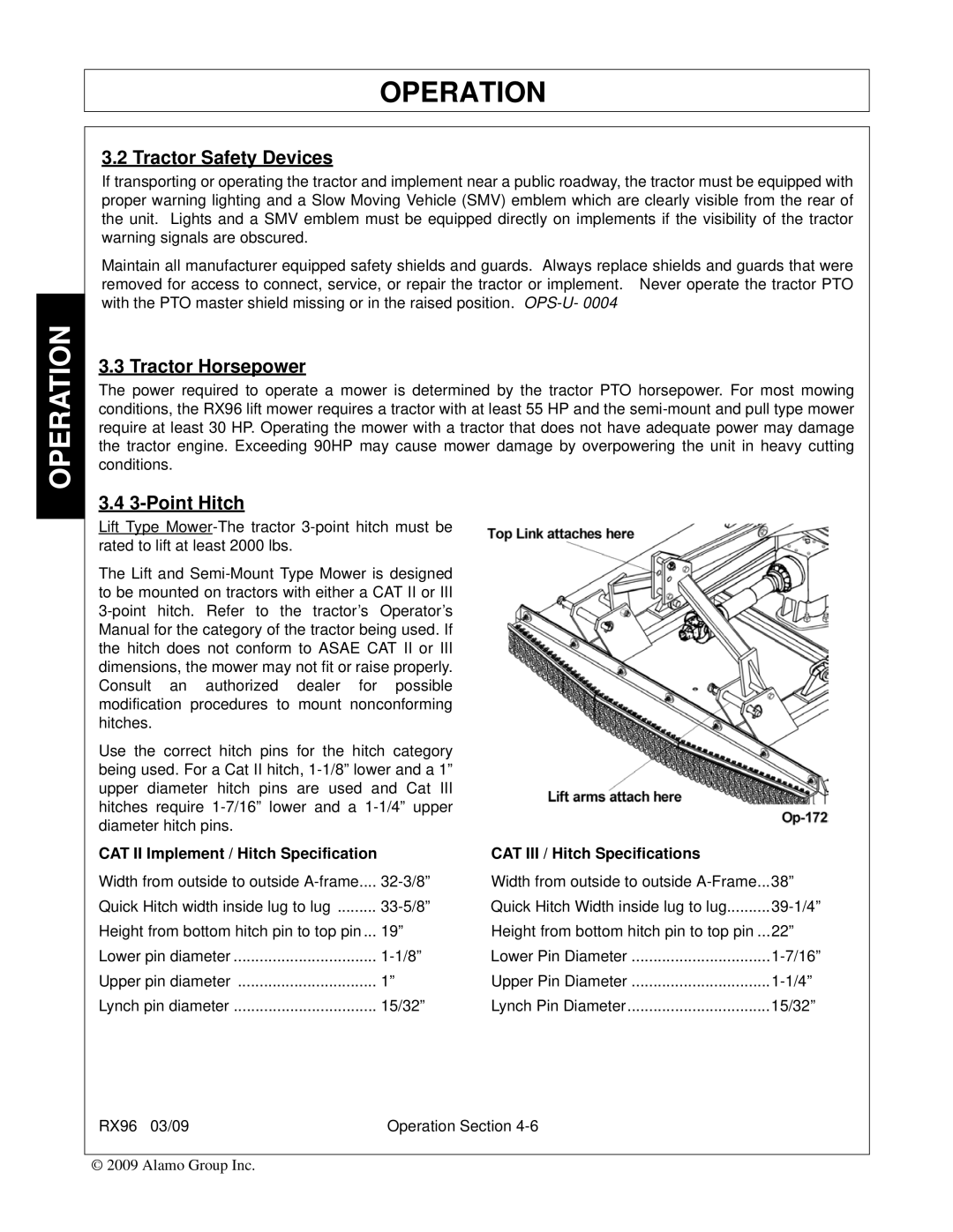 Alamo RX96 manual Tractor Safety Devices, Tractor Horsepower, Point Hitch 