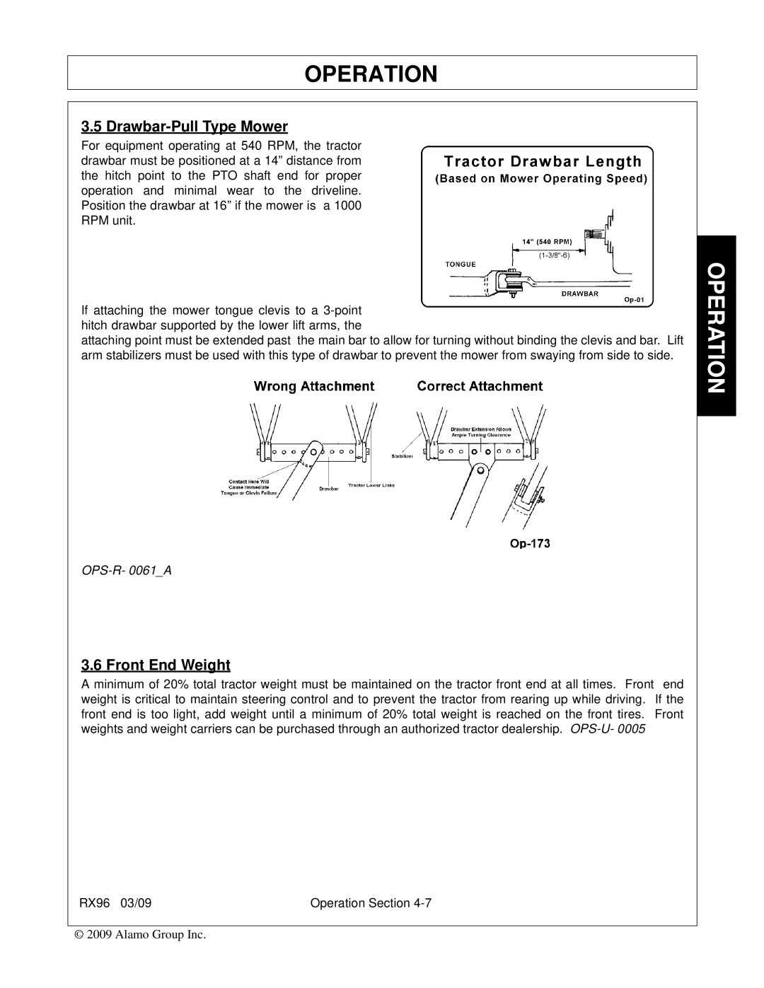 Alamo RX96 manual Drawbar-Pull Type Mower, Front End Weight 