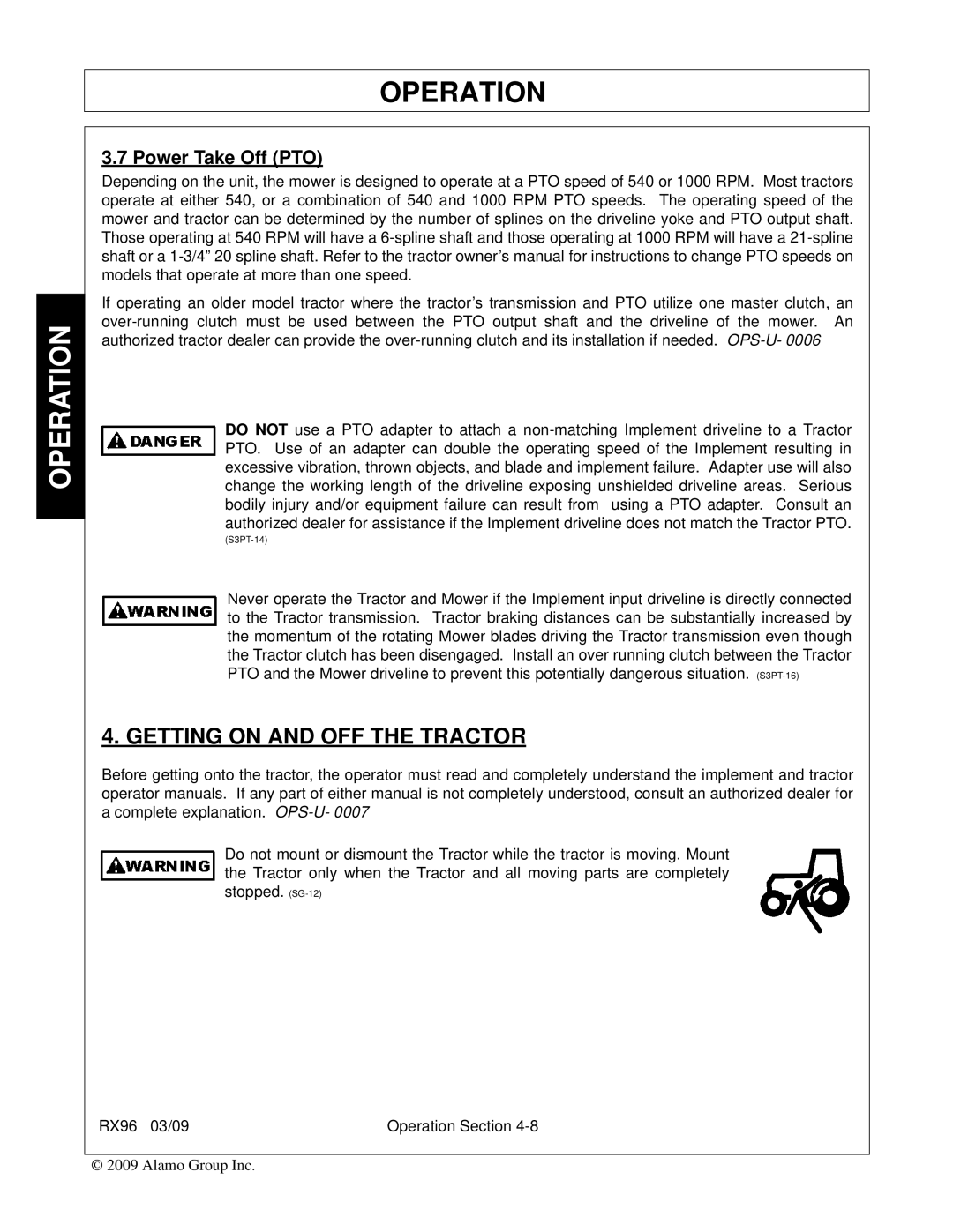 Alamo RX96 manual Getting on and OFF the Tractor, Power Take Off PTO 