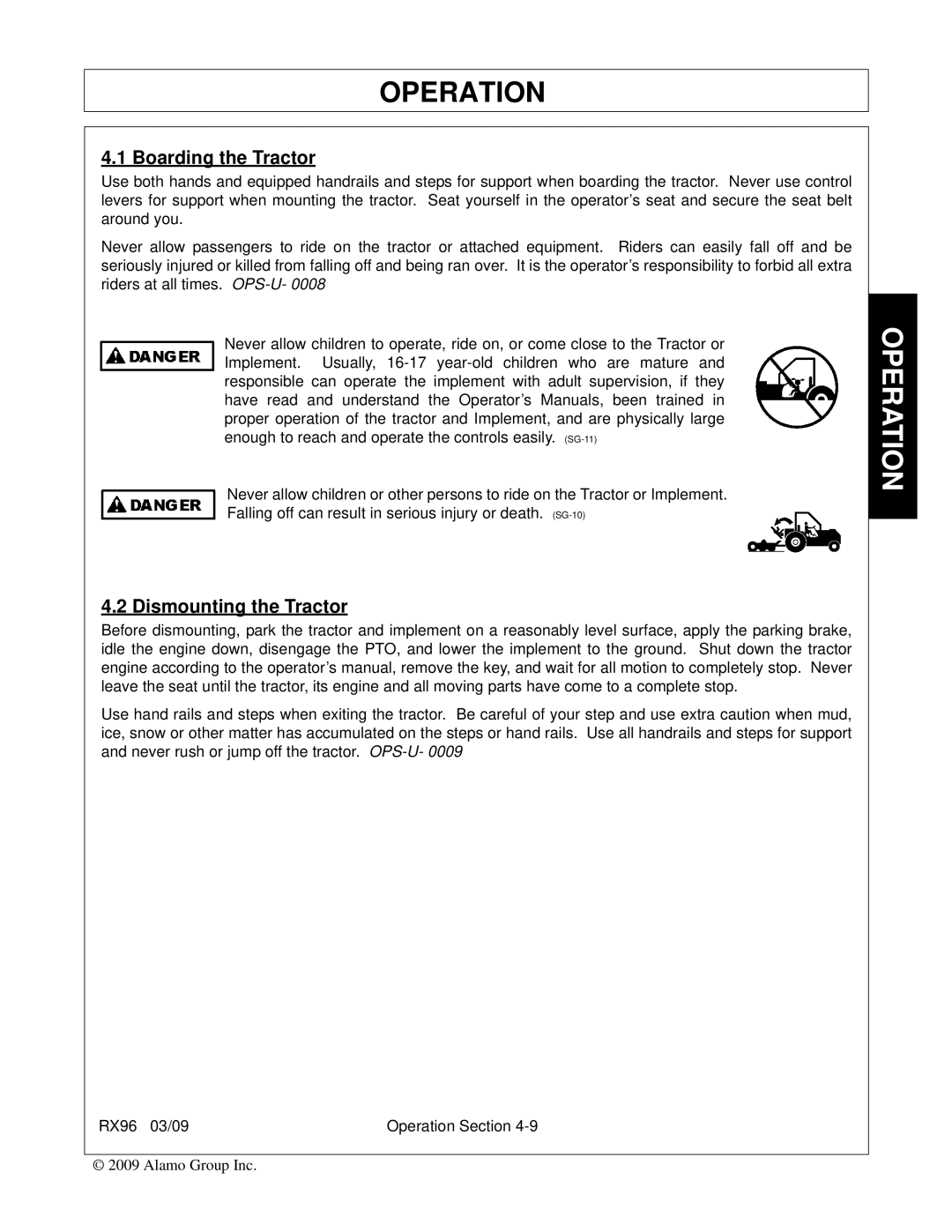 Alamo RX96 manual Boarding the Tractor, Dismounting the Tractor 