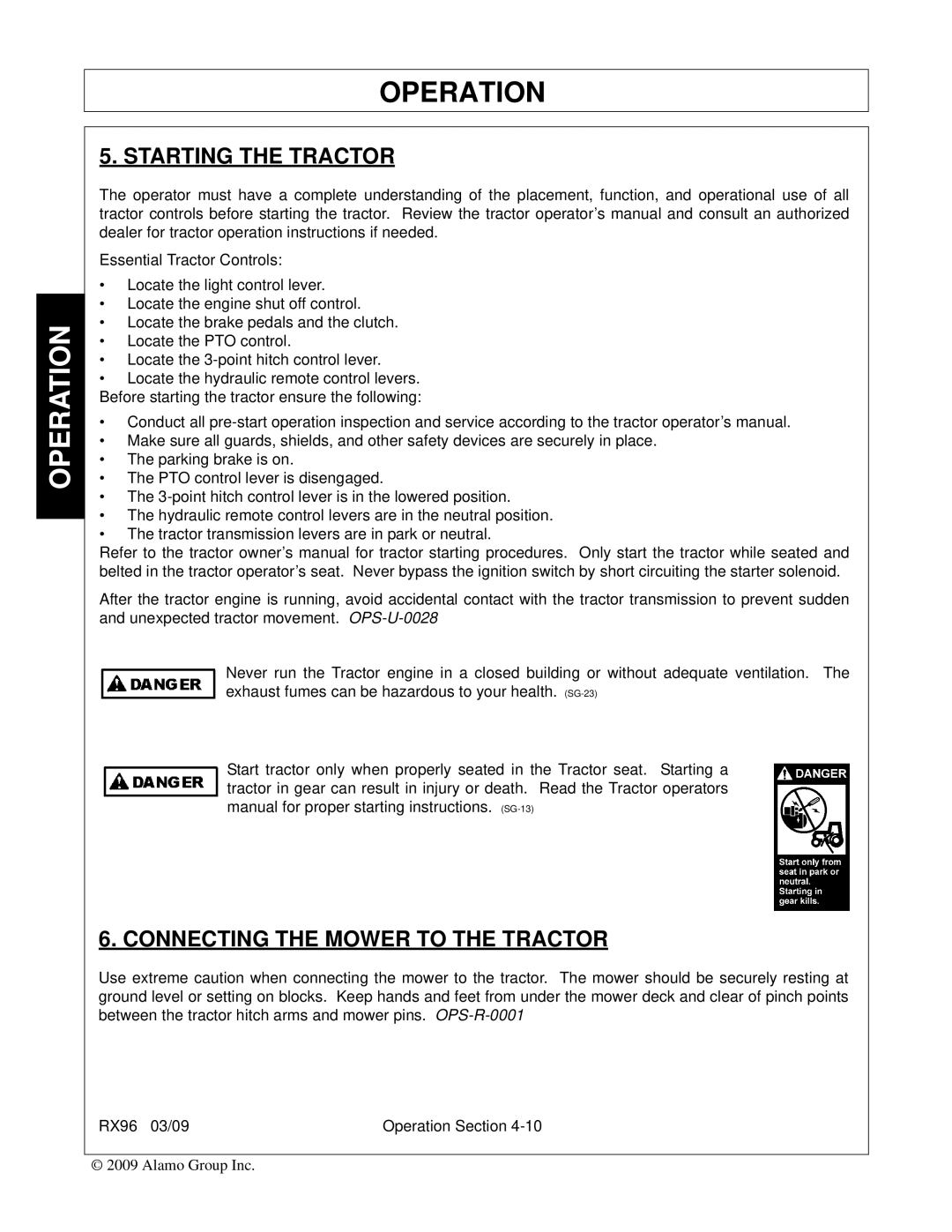 Alamo RX96 manual Starting the Tractor, Connecting the Mower to the Tractor 