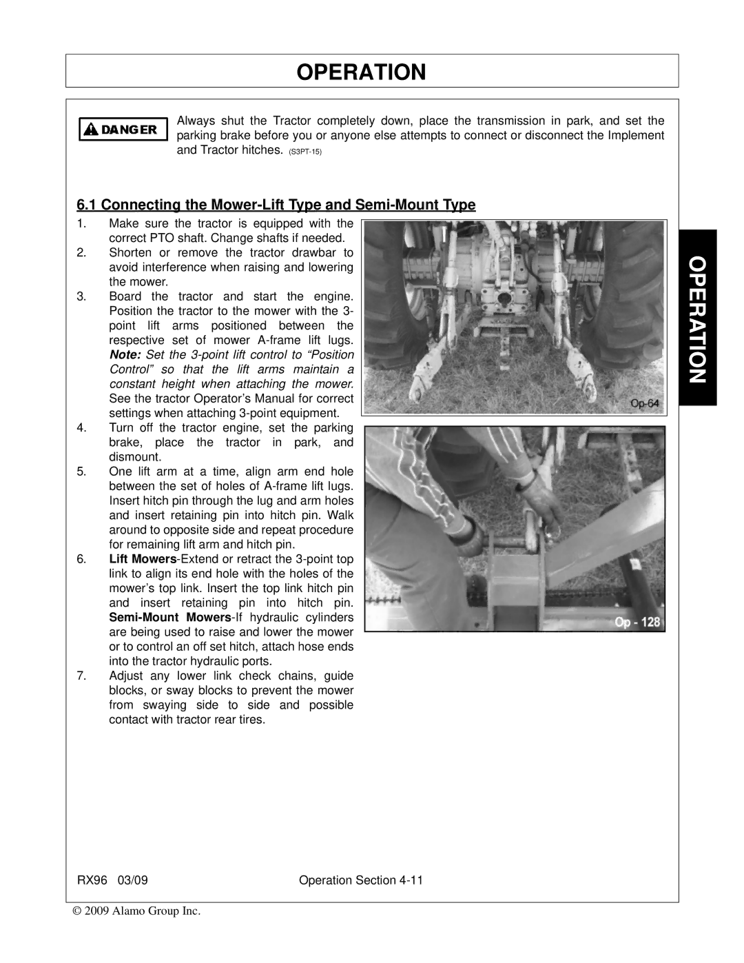 Alamo RX96 manual Connecting the Mower-Lift Type and Semi-Mount Type 