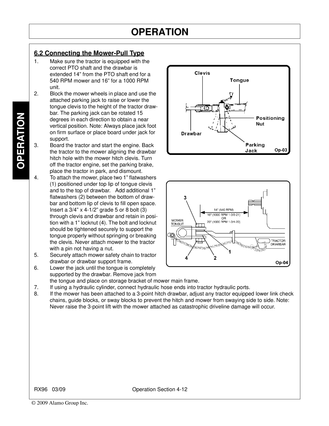 Alamo RX96 manual Connecting the Mower-Pull Type 