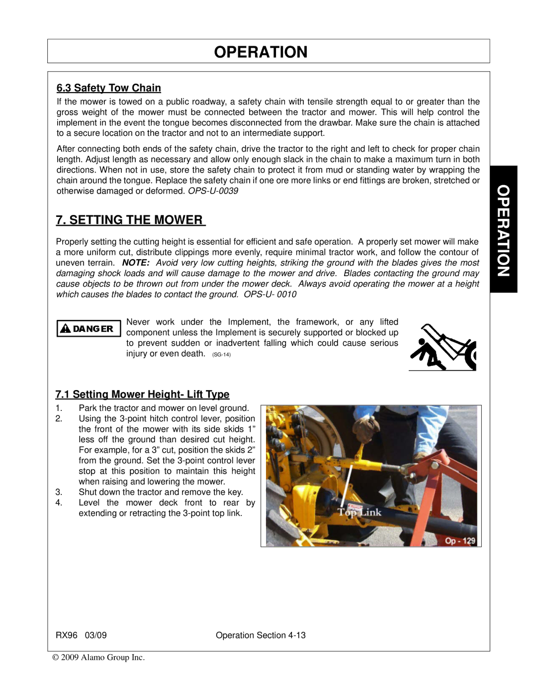 Alamo RX96 manual Setting the Mower, Safety Tow Chain, Setting Mower Height- Lift Type 