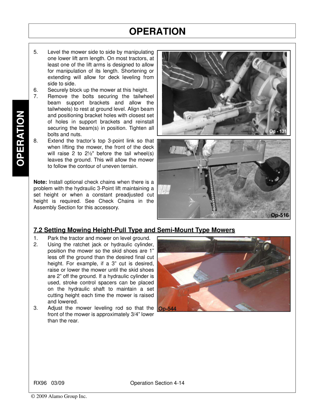 Alamo RX96 manual Setting Mowing Height-Pull Type and Semi-Mount Type Mowers 