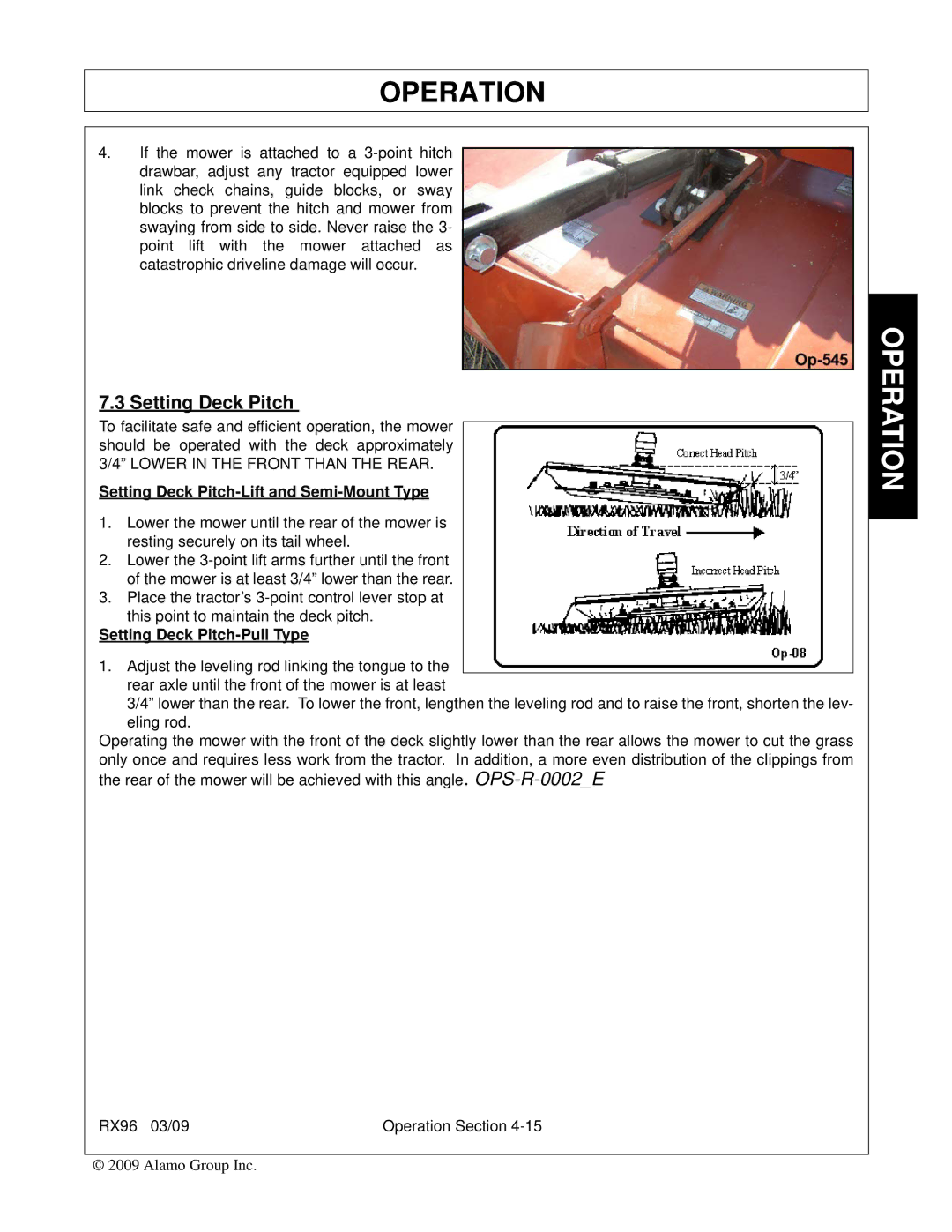 Alamo RX96 manual Setting Deck Pitch-Lift and Semi-Mount Type, Setting Deck Pitch-Pull Type 