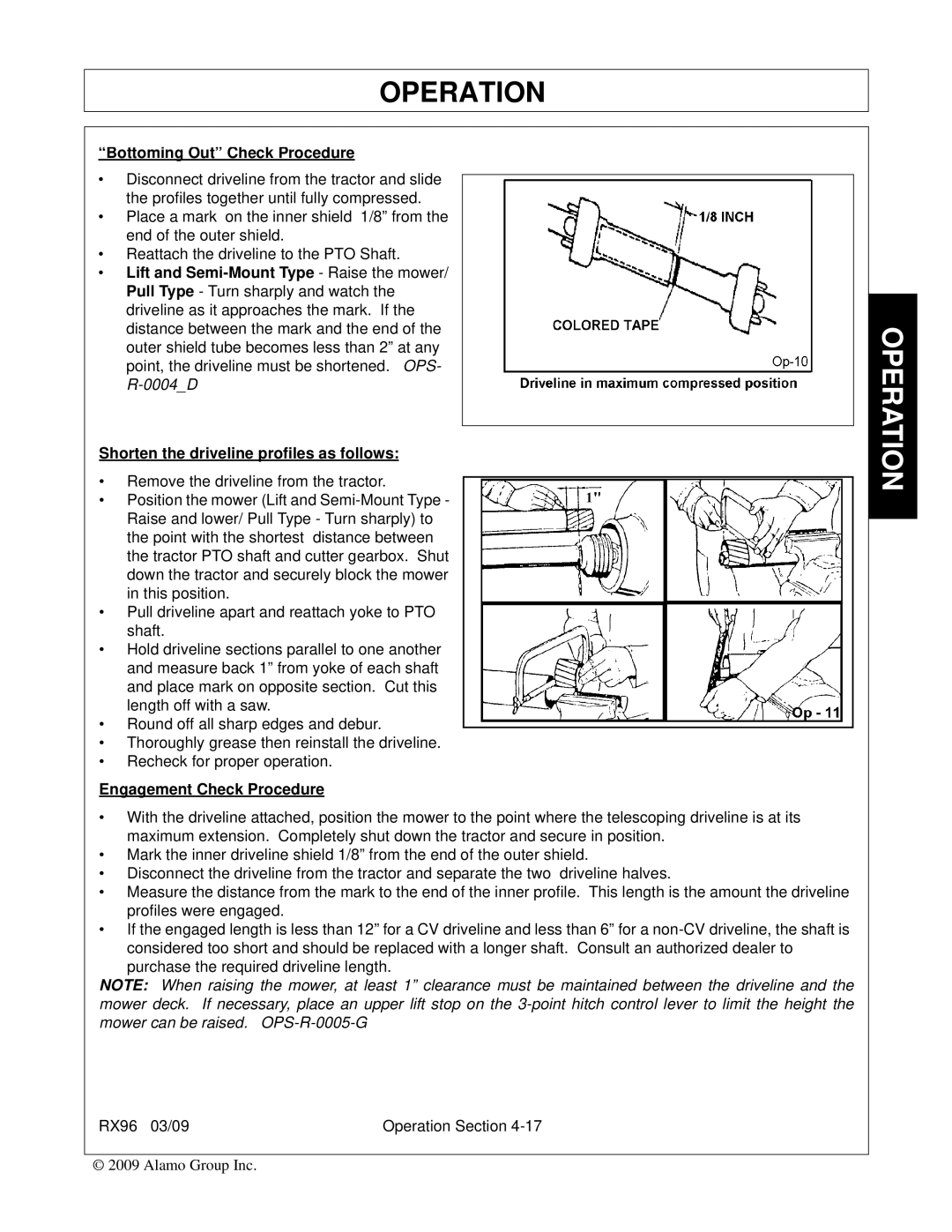 Alamo RX96 manual Bottoming Out Check Procedure, Lift and Semi-Mount Type Raise the mower, Engagement Check Procedure 