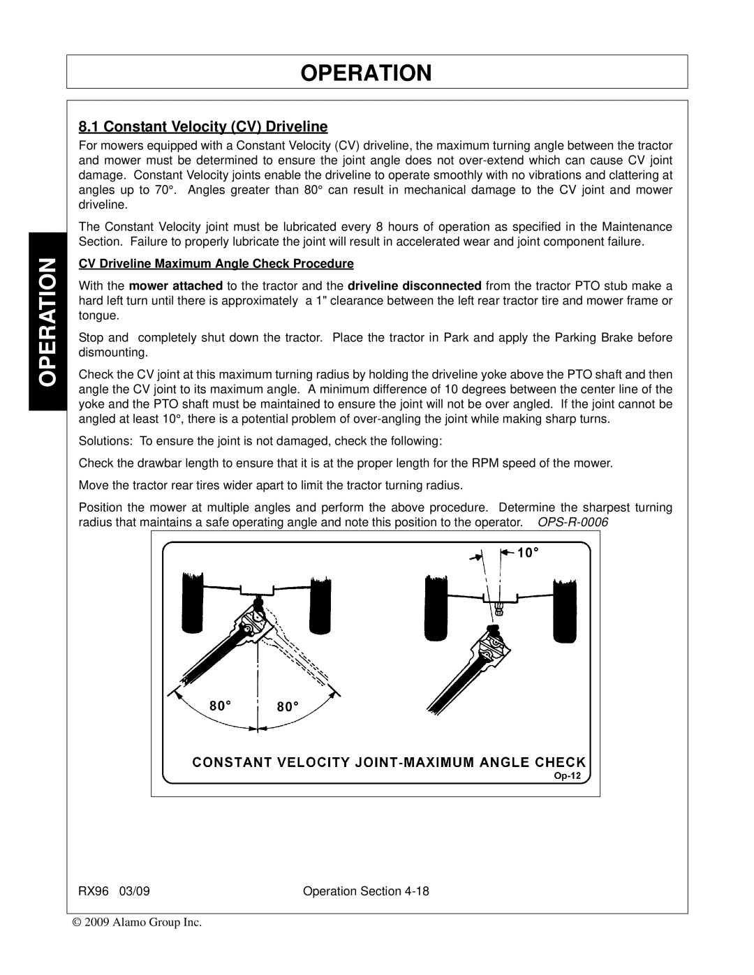 Alamo RX96 manual Constant Velocity CV Driveline, CV Driveline Maximum Angle Check Procedure 