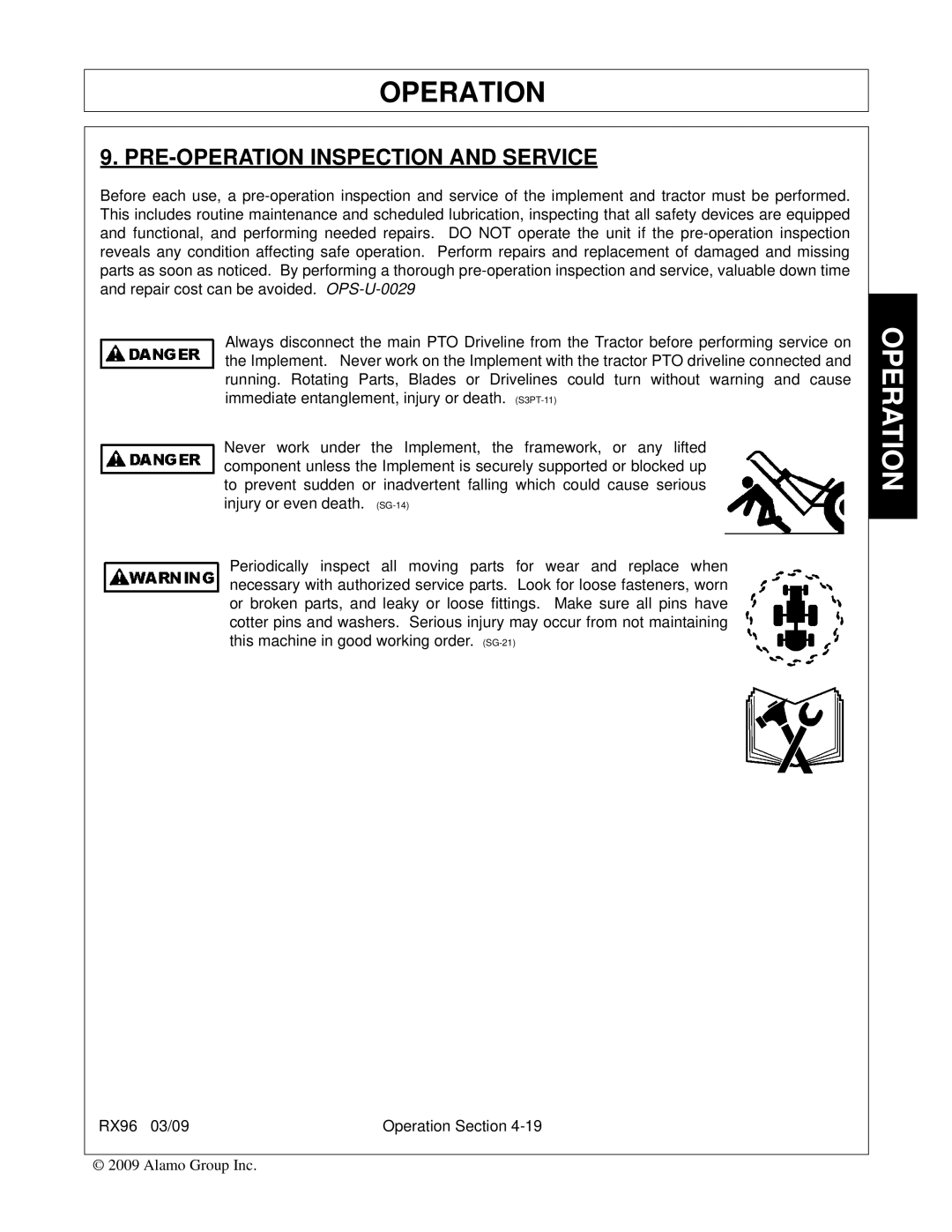 Alamo RX96 manual PRE-OPERATION Inspection and Service 