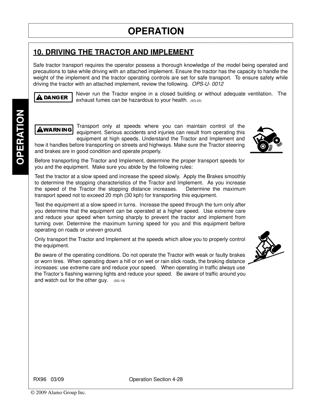 Alamo RX96 manual Driving the Tractor and Implement 