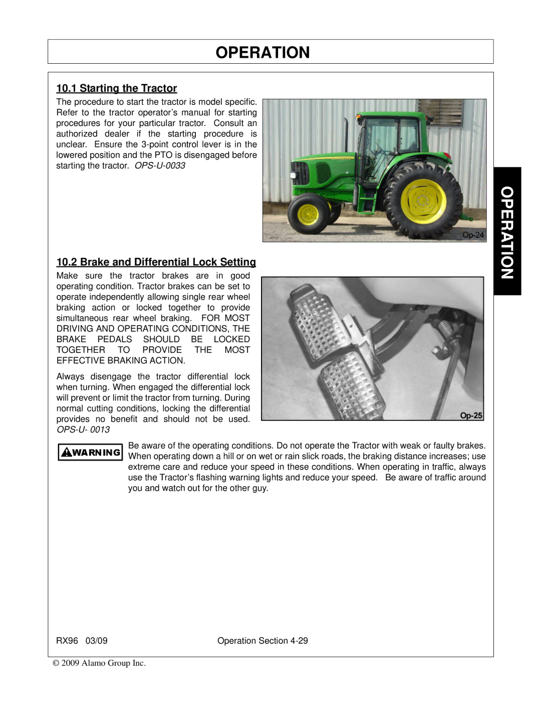 Alamo RX96 manual Starting the Tractor, Brake and Differential Lock Setting 