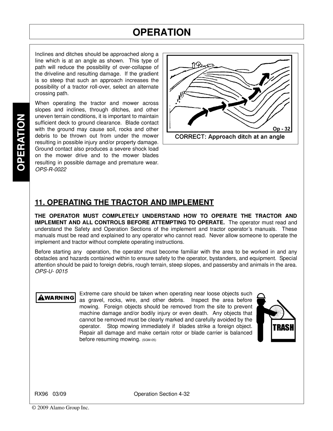 Alamo RX96 manual Operating the Tractor and Implement 