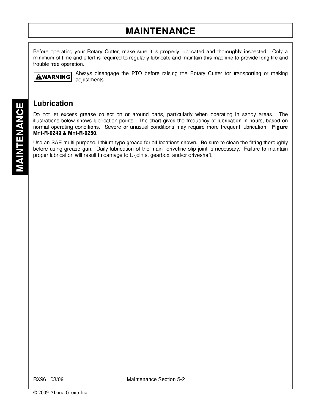 Alamo RX96 manual Lubrication, Mnt-R-0249 & Mnt-R-0250 