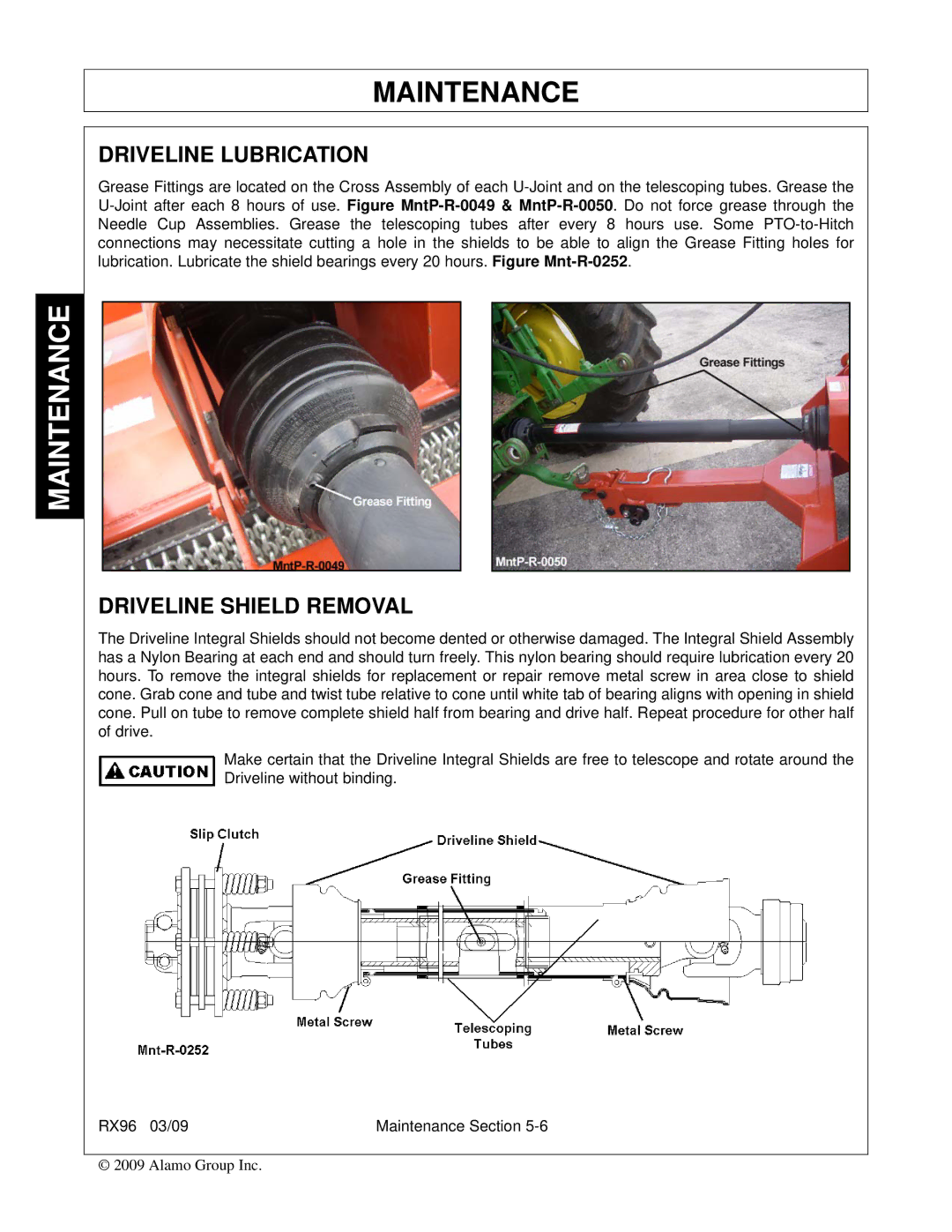 Alamo RX96 manual Driveline Lubrication, Driveline Shield Removal 