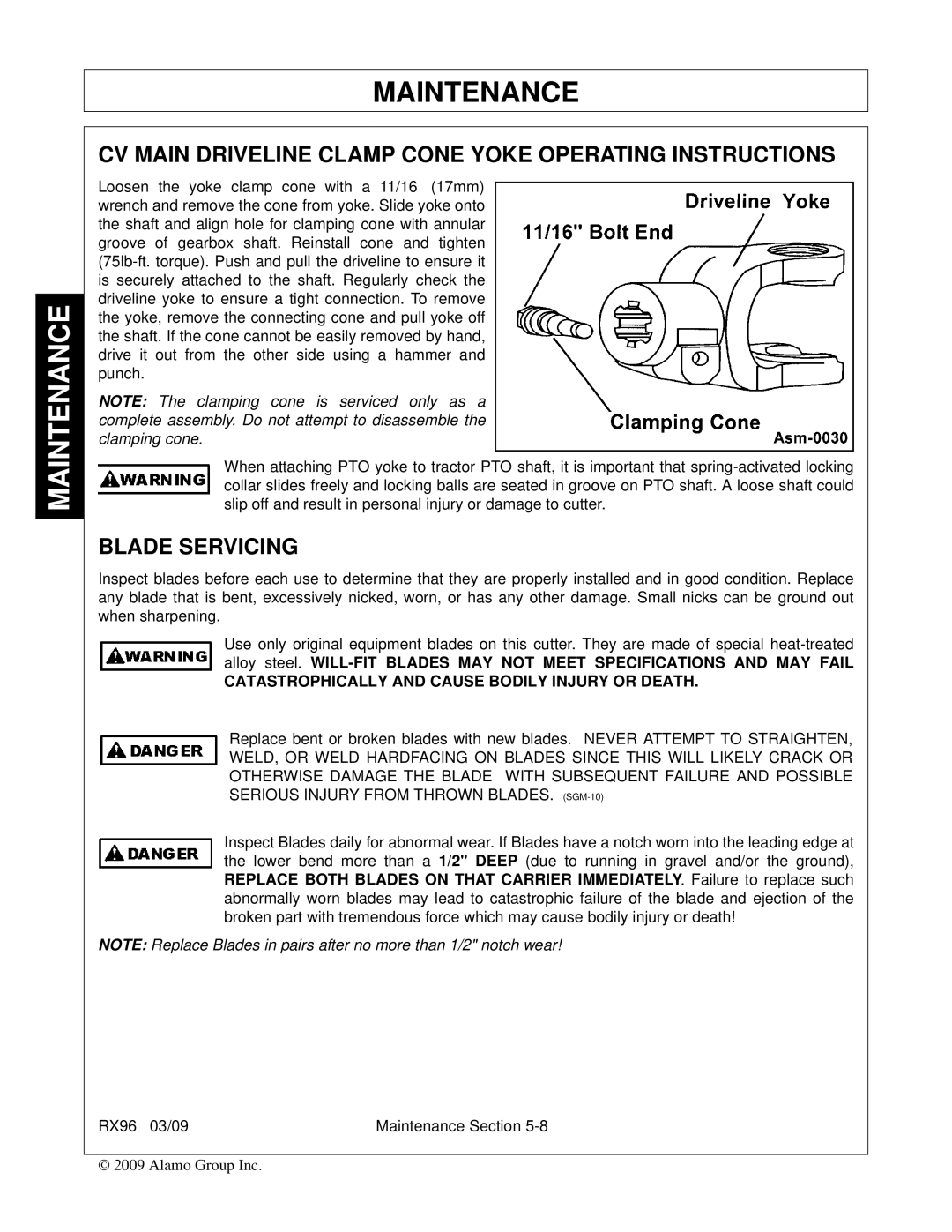 Alamo RX96 manual CV Main Driveline Clamp Cone Yoke Operating Instructions, Blade Servicing 