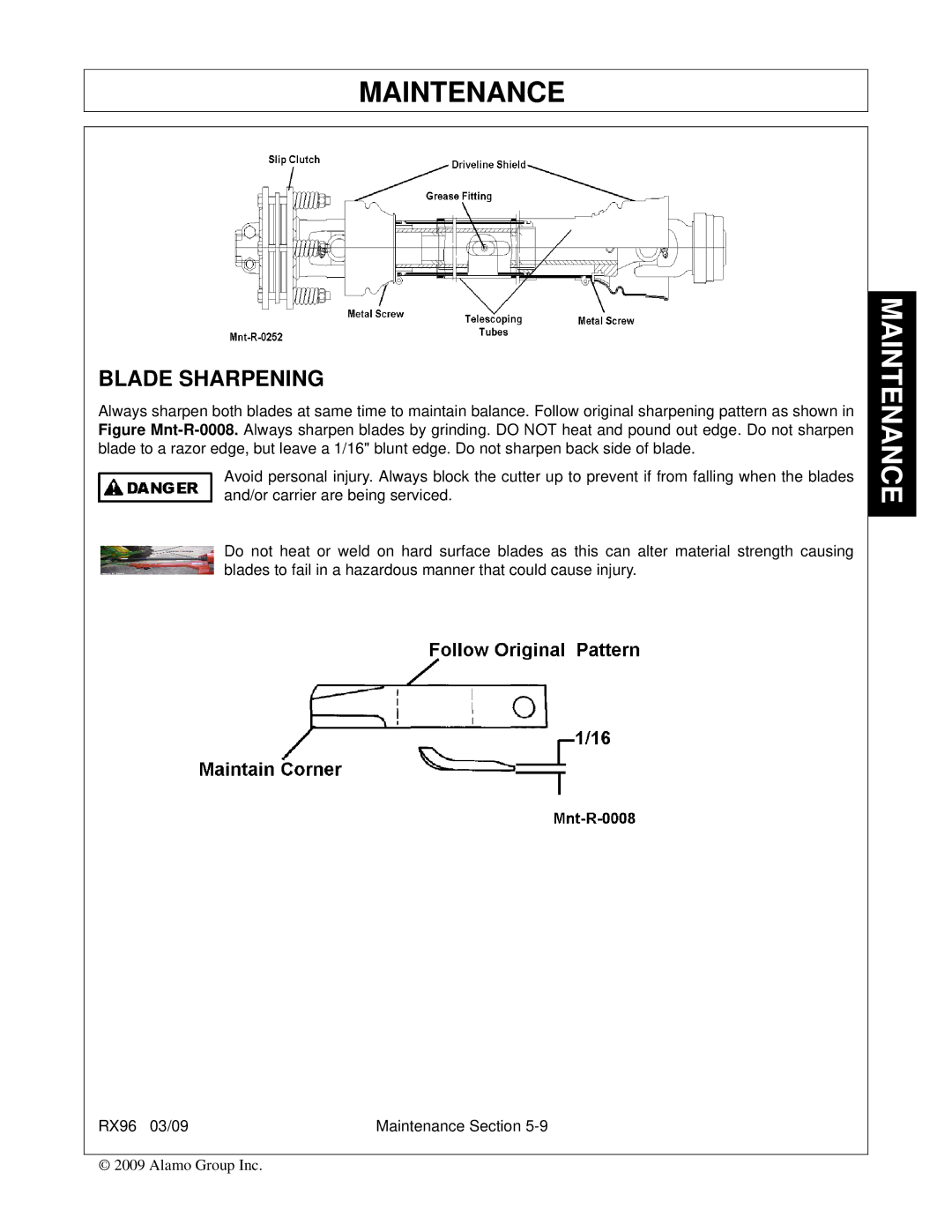 Alamo RX96 manual Blade Sharpening 