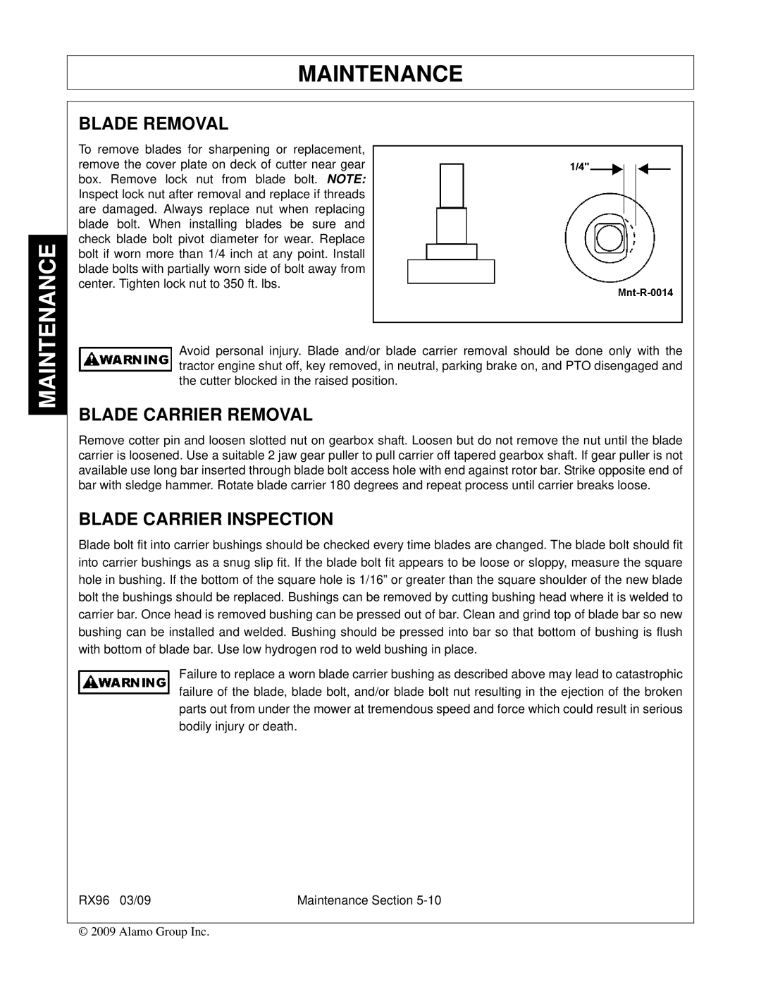 Alamo RX96 manual Blade Removal, Blade Carrier Removal, Blade Carrier Inspection 