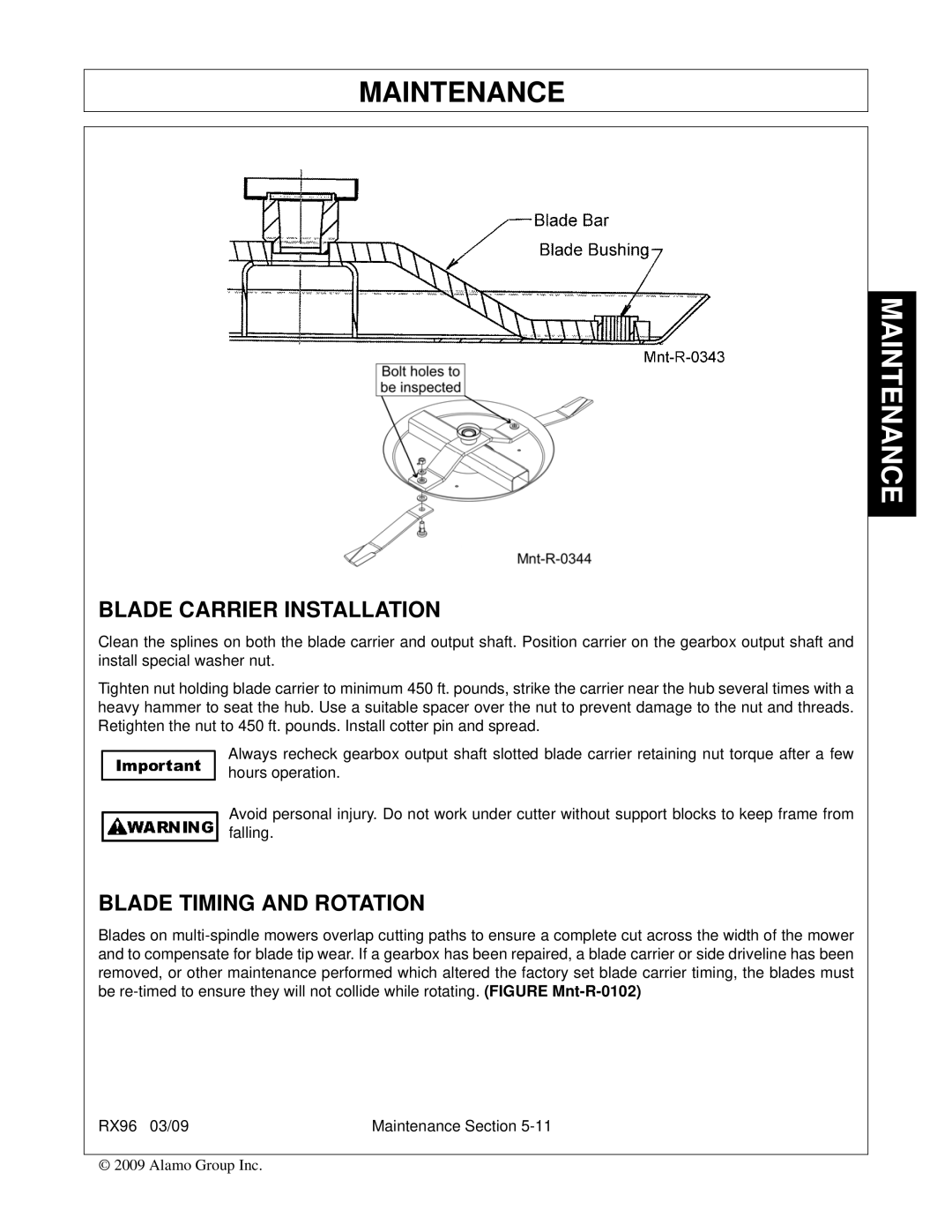 Alamo RX96 manual Blade Carrier Installation, Blade Timing and Rotation 