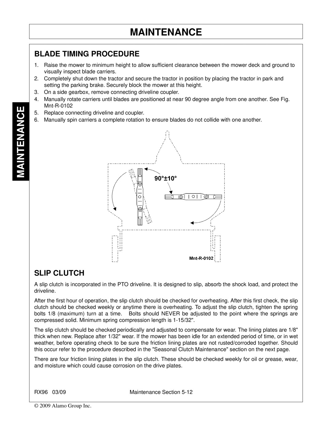 Alamo RX96 manual Blade Timing Procedure, Slip Clutch 