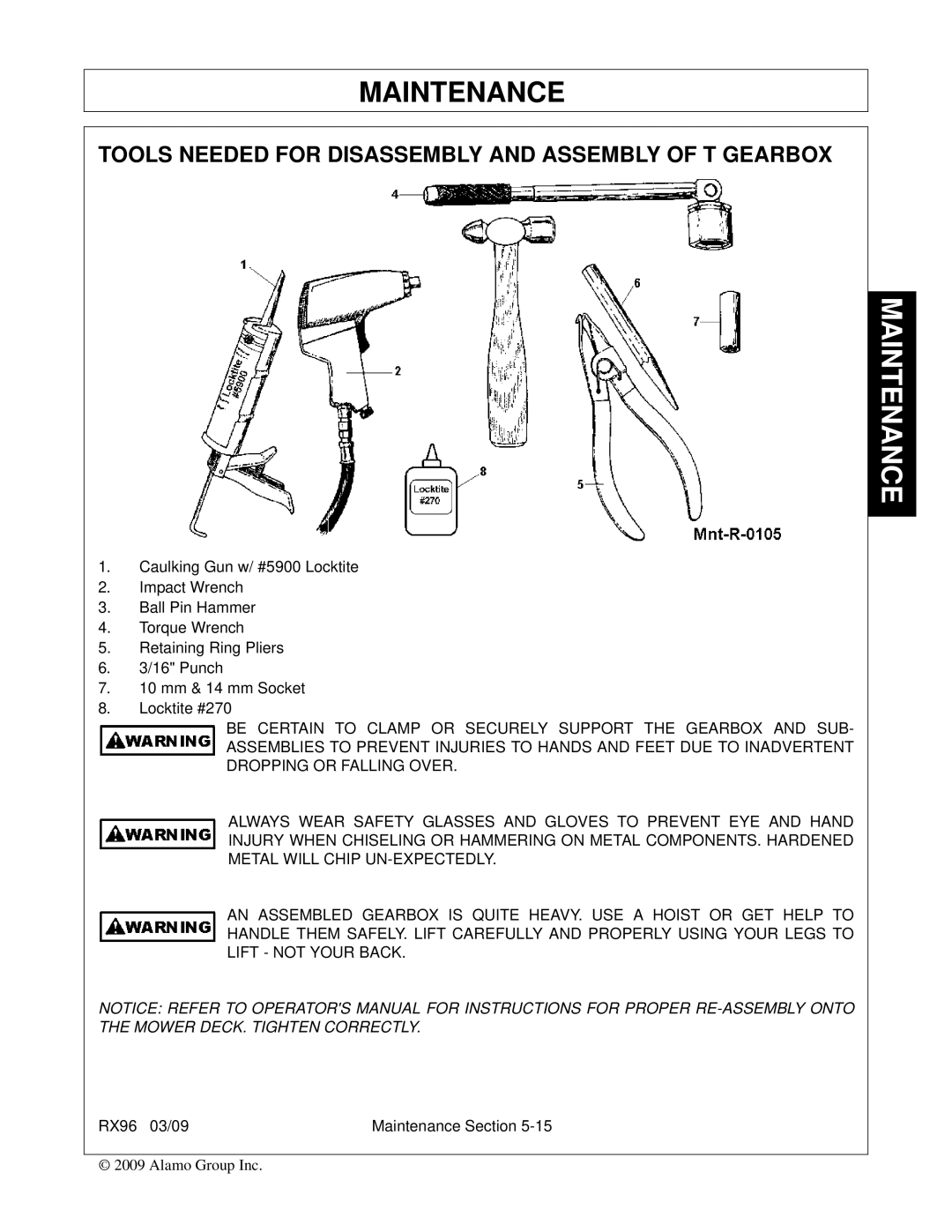 Alamo RX96 manual Tools Needed for Disassembly and Assembly of T Gearbox 