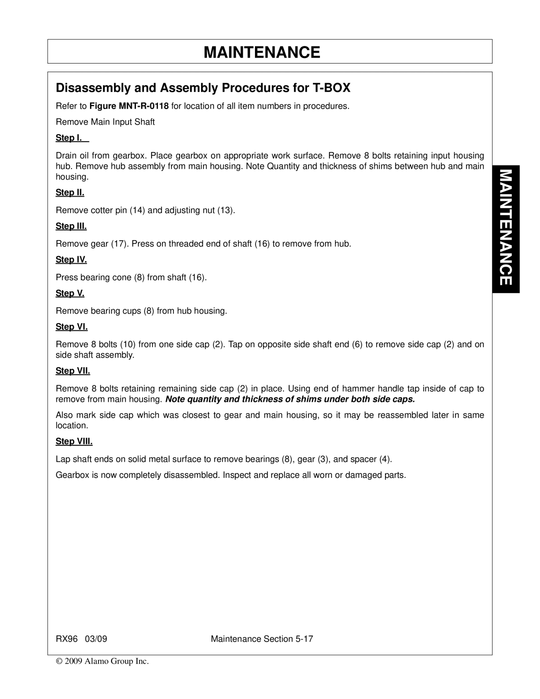 Alamo RX96 manual Disassembly and Assembly Procedures for T-BOX, Step 