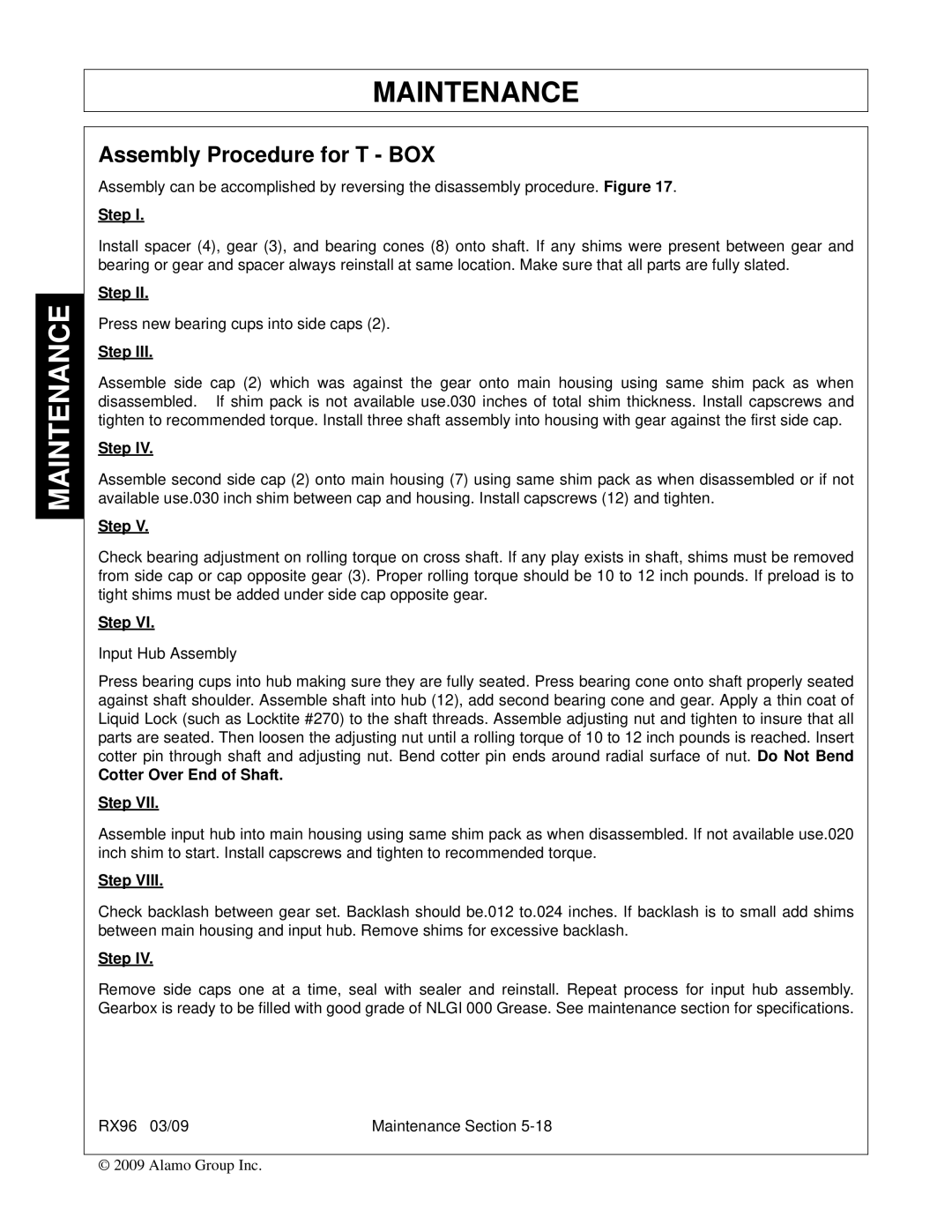 Alamo RX96 manual Assembly Procedure for T BOX, Cotter Over End of Shaft Step 