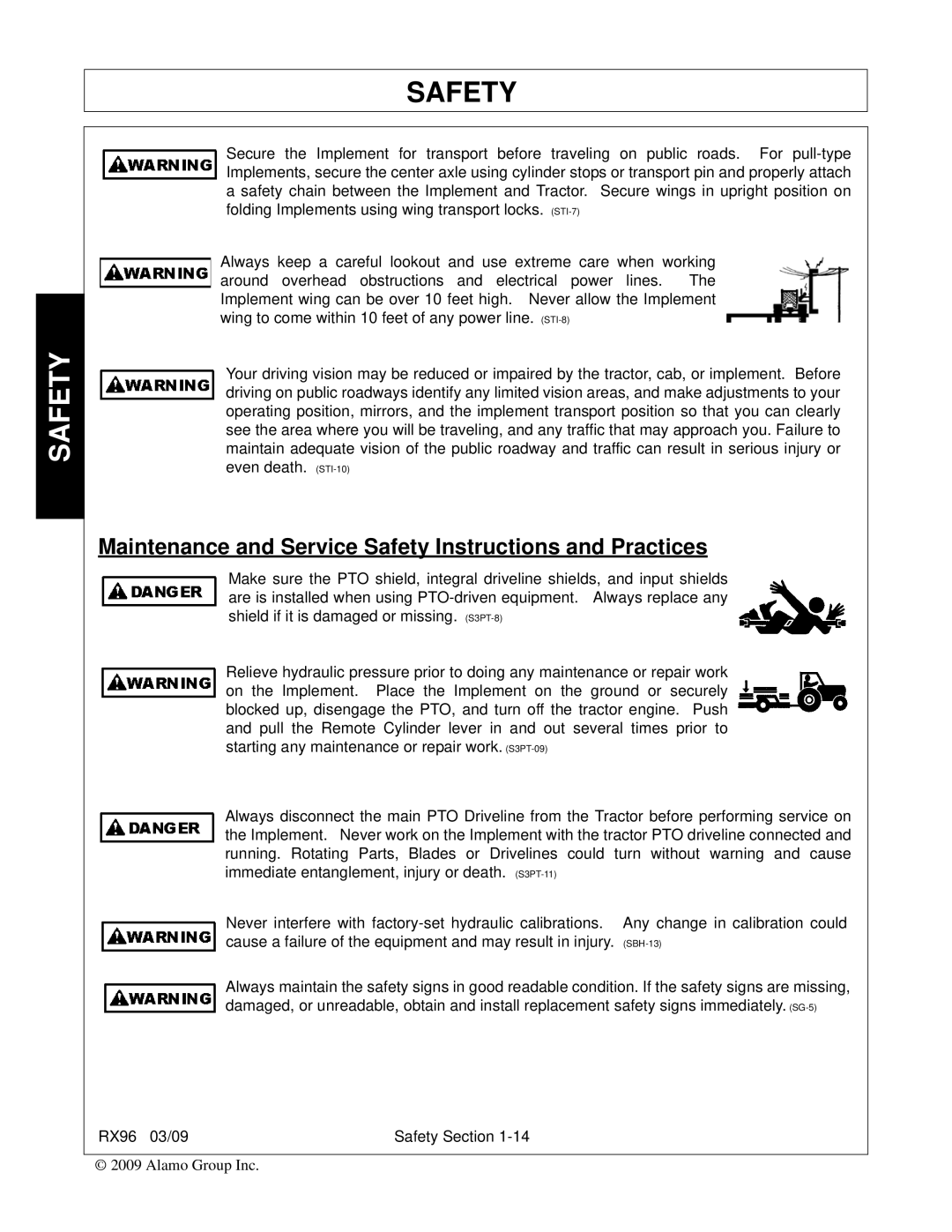 Alamo RX96 manual Maintenance and Service Safety Instructions and Practices 