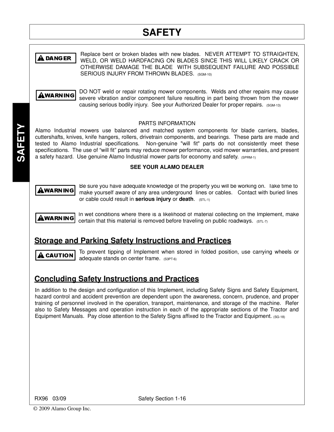 Alamo RX96 manual Storage and Parking Safety Instructions and Practices, Concluding Safety Instructions and Practices 