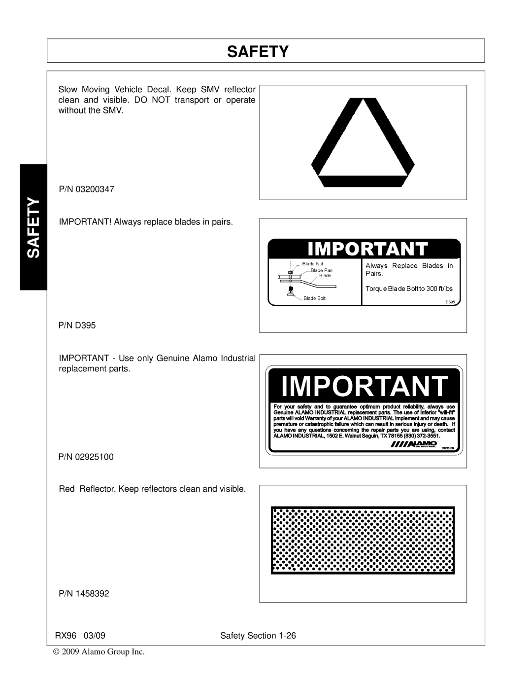 Alamo RX96 manual Safety 