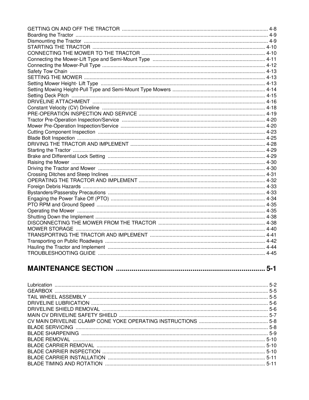 Alamo RX96 manual Maintenance Section, Starting the Tractor Connecting the Mower to the Tractor 