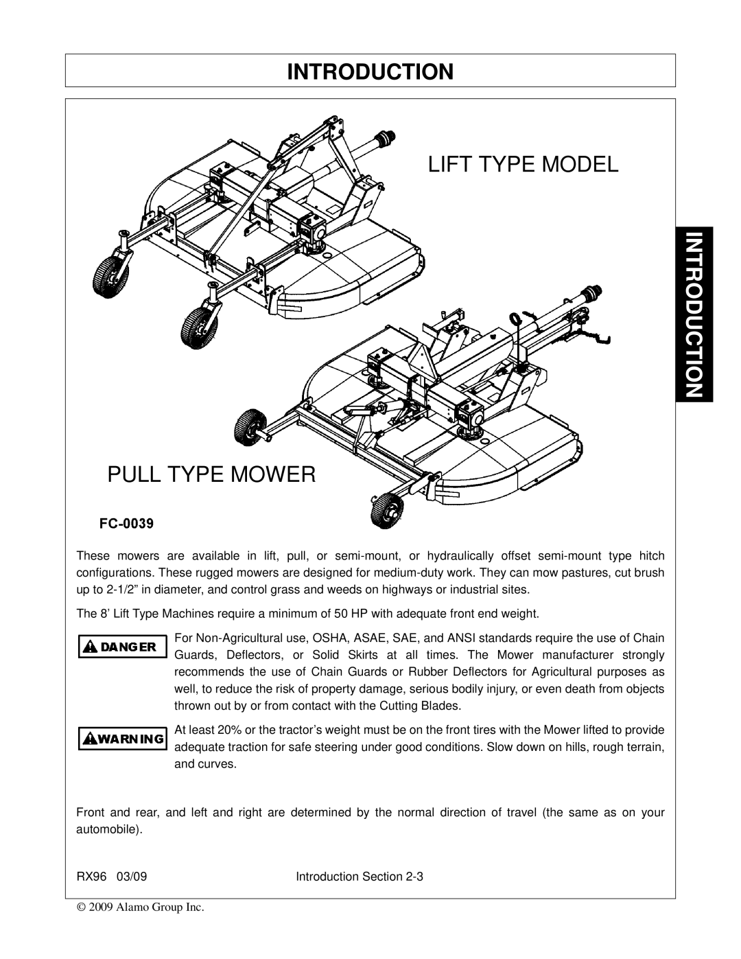 Alamo RX96 manual Lift Type Model Pull Type Mower 