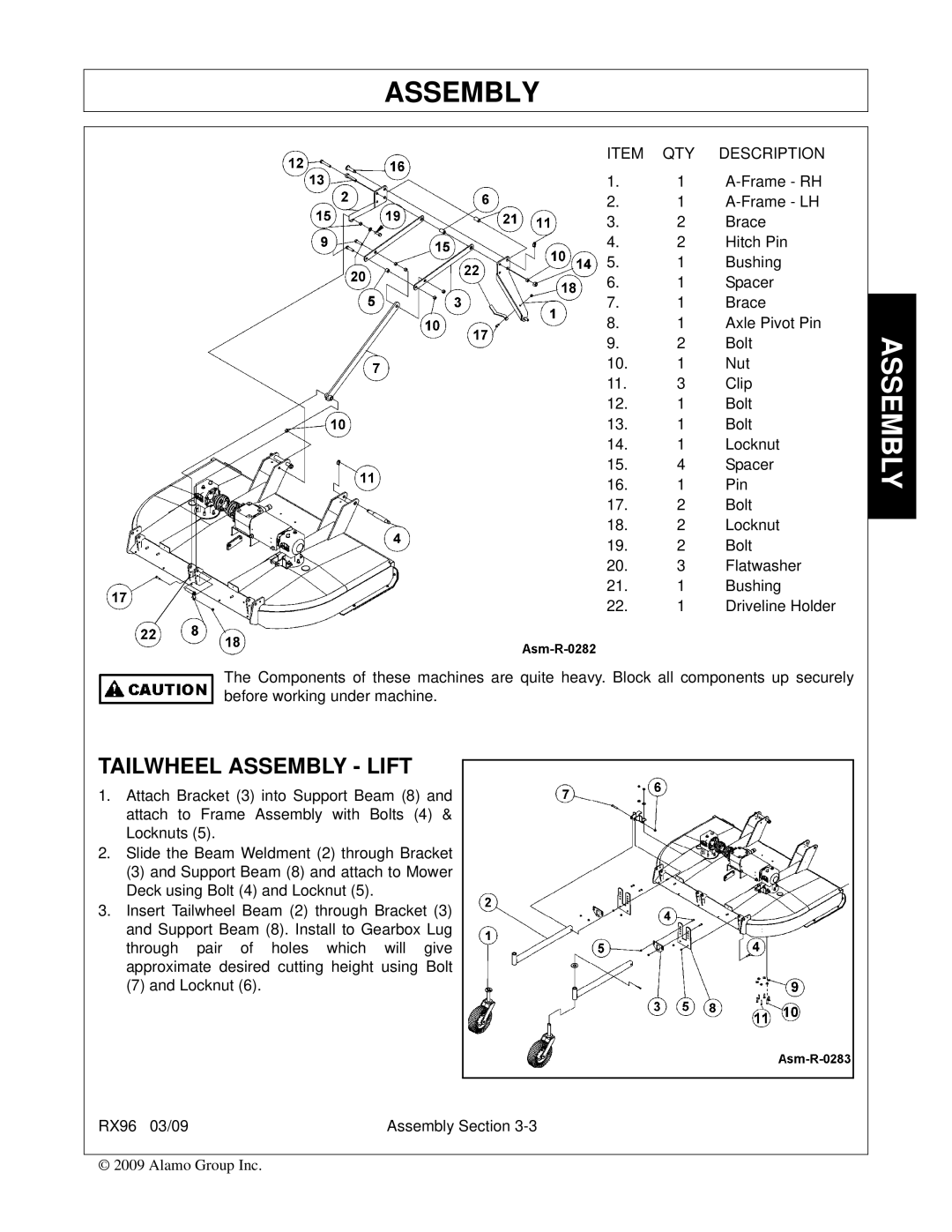 Alamo RX96 manual Tailwheel Assembly Lift, QTY Description 