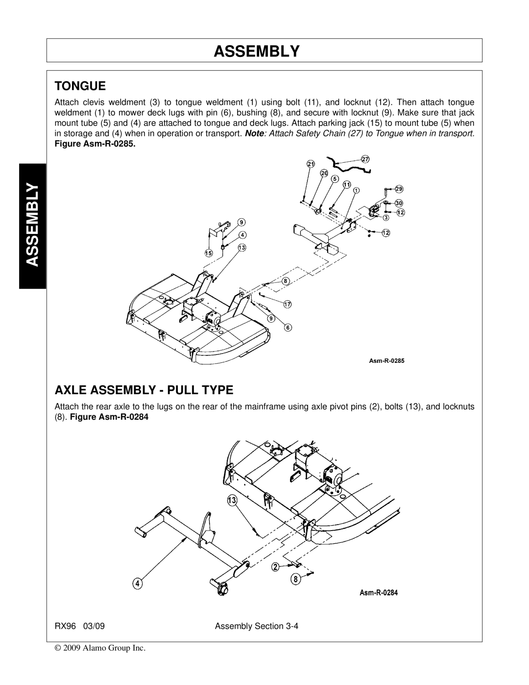 Alamo RX96 manual Tongue, Axle Assembly Pull Type 