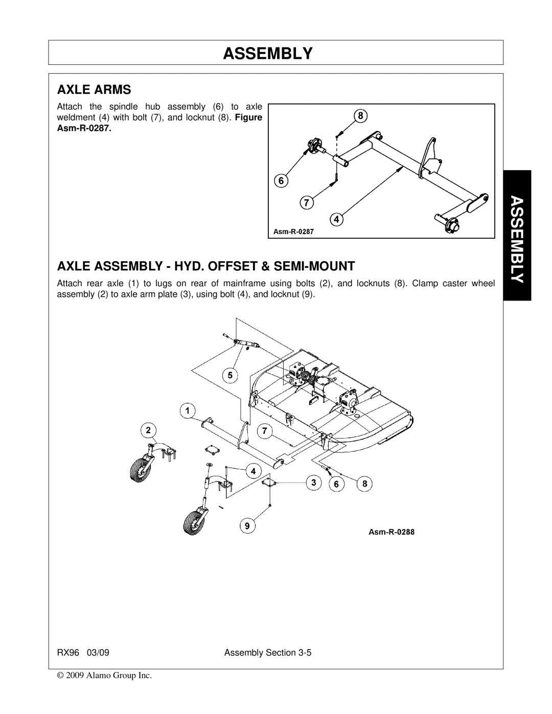 Alamo RX96 manual Axle Arms, Axle Assembly HYD. Offset & SEMI-MOUNT, Asm-R-0287 